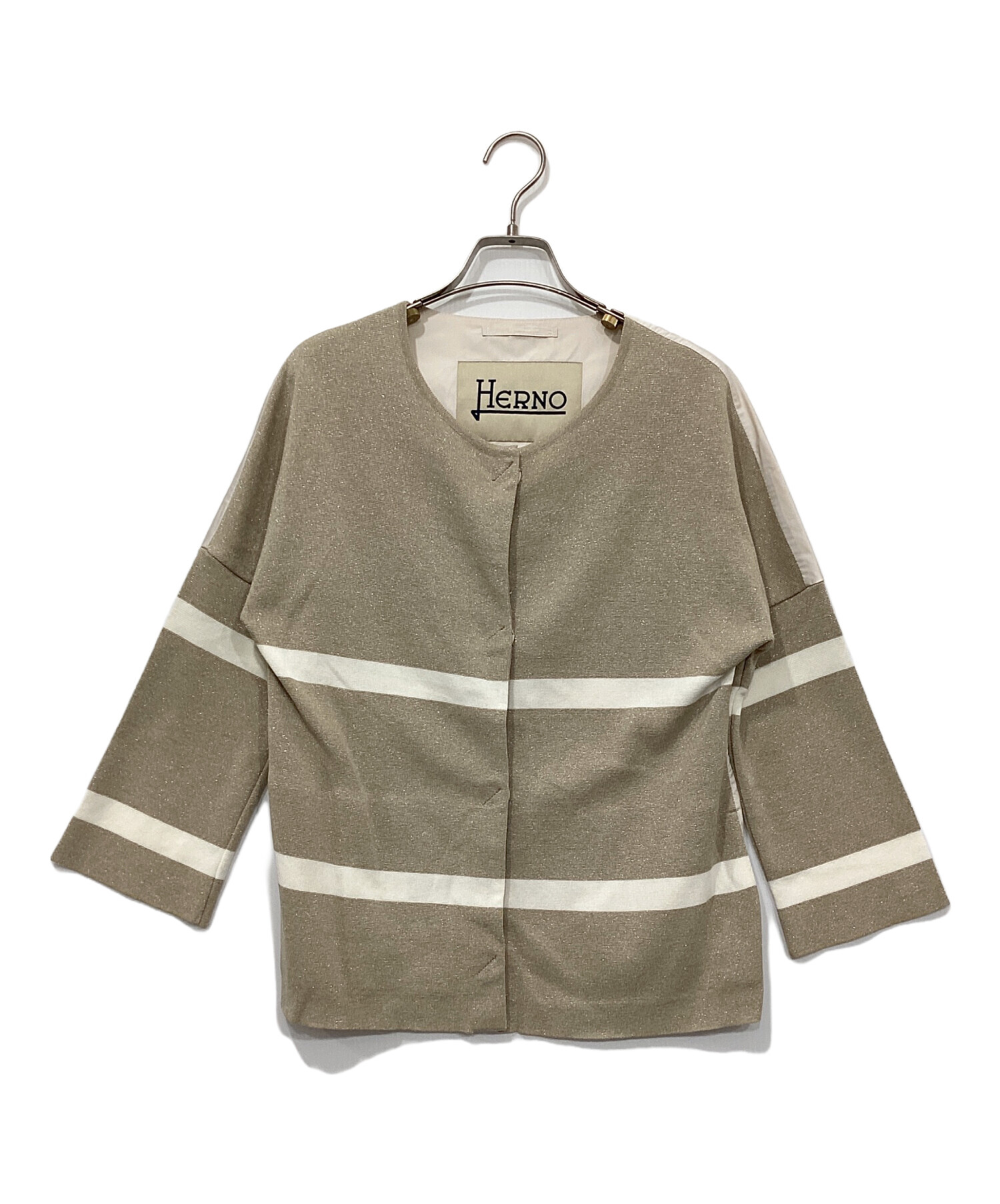 未使用★HERNO｜ラメニットスリーブ切替 ナイロンブルゾン グレージュ 40 中古・古着通販】HERNO (ヘルノ) ナイロン切替ラメニットノーカラー