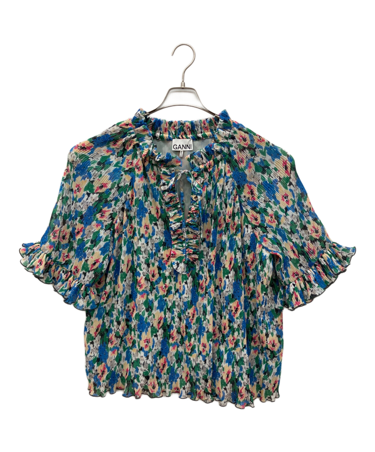 Ganni ガニー ブラウス 32(XXS位) 青x紺xグレー(チェック) 【古着】【中古】 中古・古着通販】Ganni (ガニー) Pleated Georgette BL マルチカラー