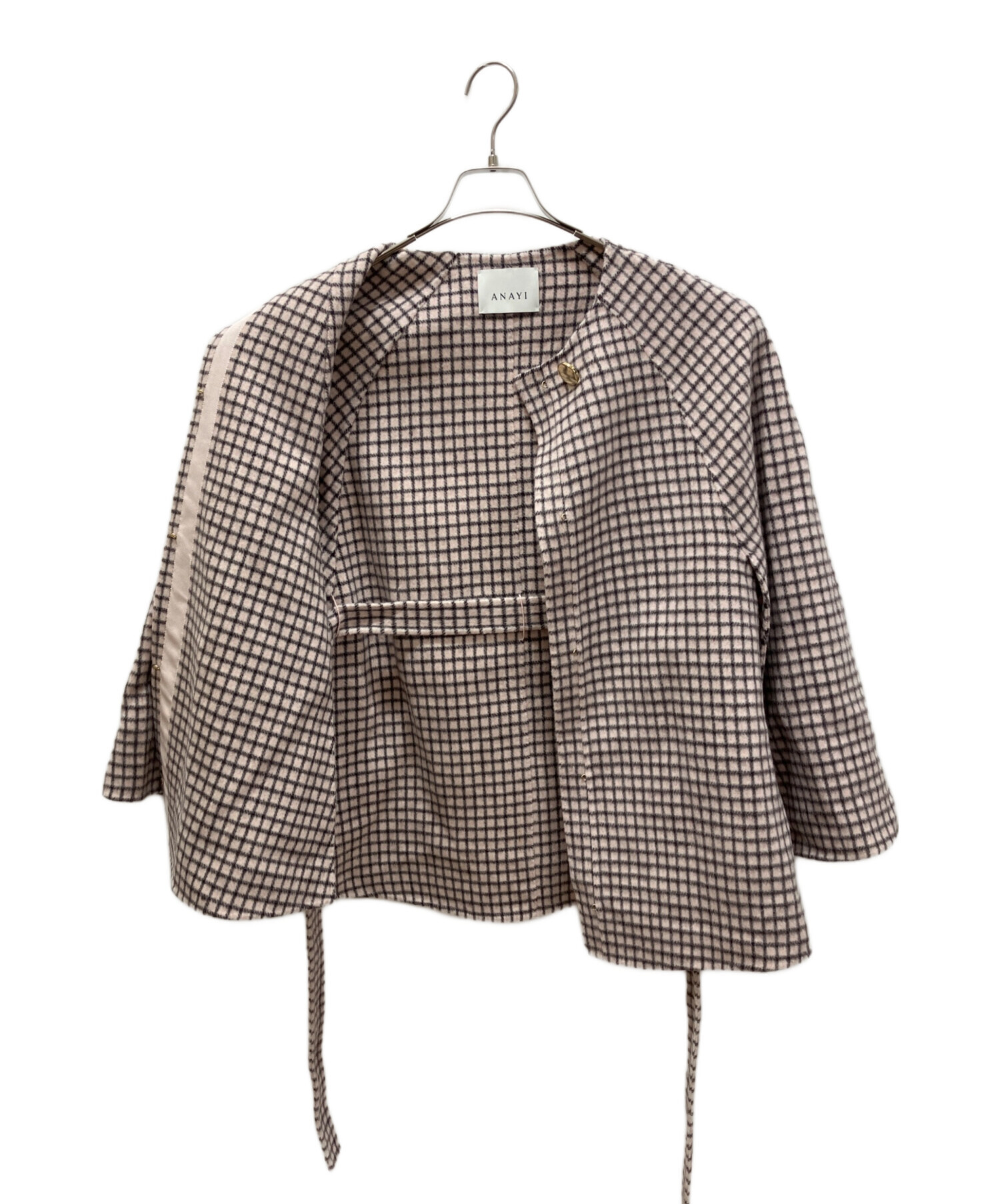 【808】アナイ　リバーチェックケープコート　ジャケット　ピンク　38 中古・古着通販】ANAYI (アナイ) リバーチェックケープコート ピンク