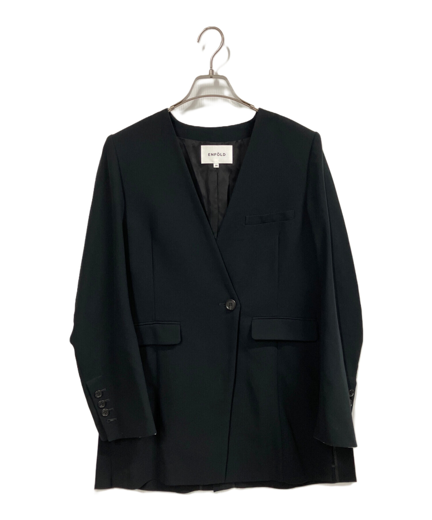 【美品】ENFOLD サマーダブルクロスノーカラージャケット ブラック 38 中古・古着通販】ENFOLD (エンフォルド) サマーダブルクロスノーカラー