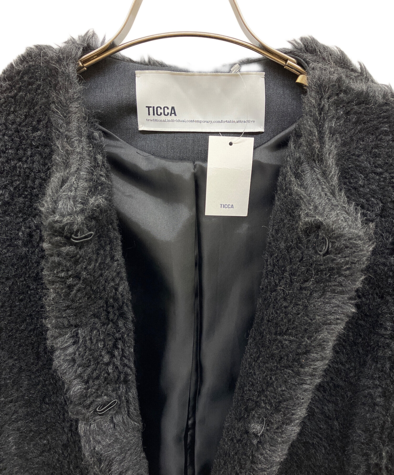 中古・古着通販】ticca (ティッカ) ウールファーロングコート ブラック 