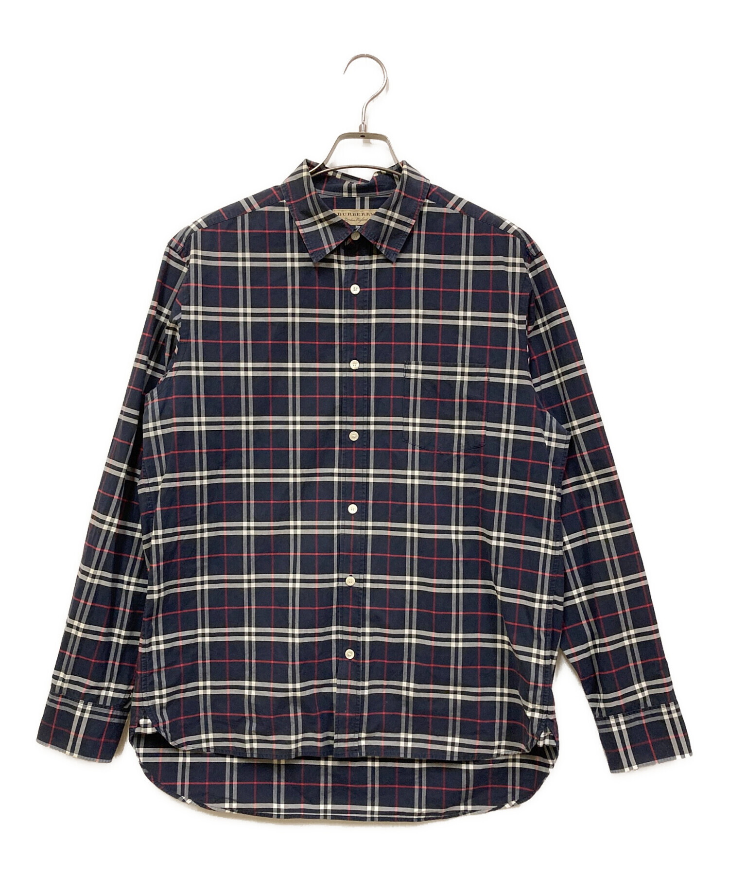 値引中 BURBERRY チェックコットンシャツ ネイビーXL 中古・古着通販】BURBERRY (バーバリー) コットンポプリンチェック