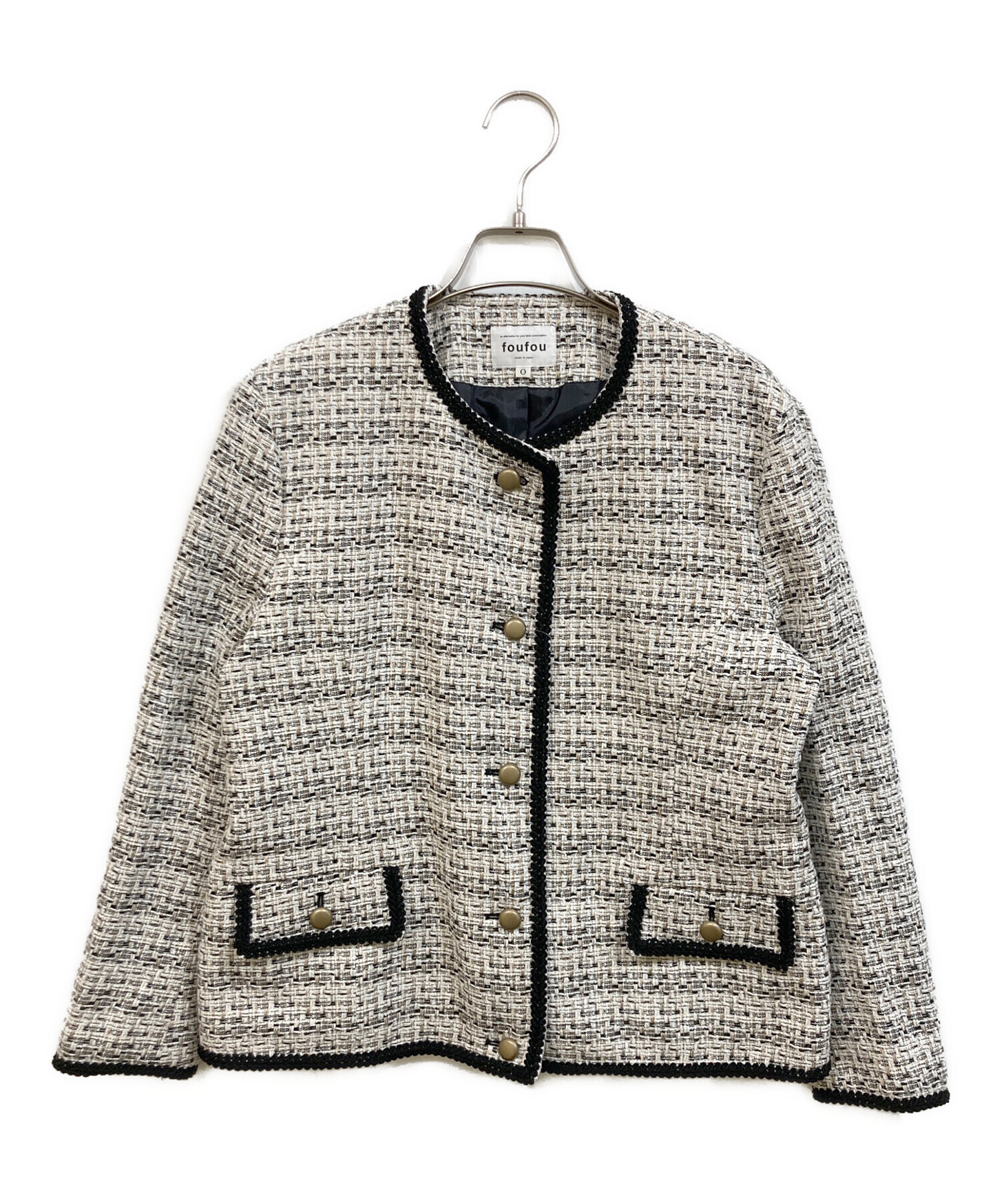 美品　foufou / フーフー ニットツィードノーカラージャケット 中古・古着通販】foufou (フーフー) ノーカラーツイードジャケット