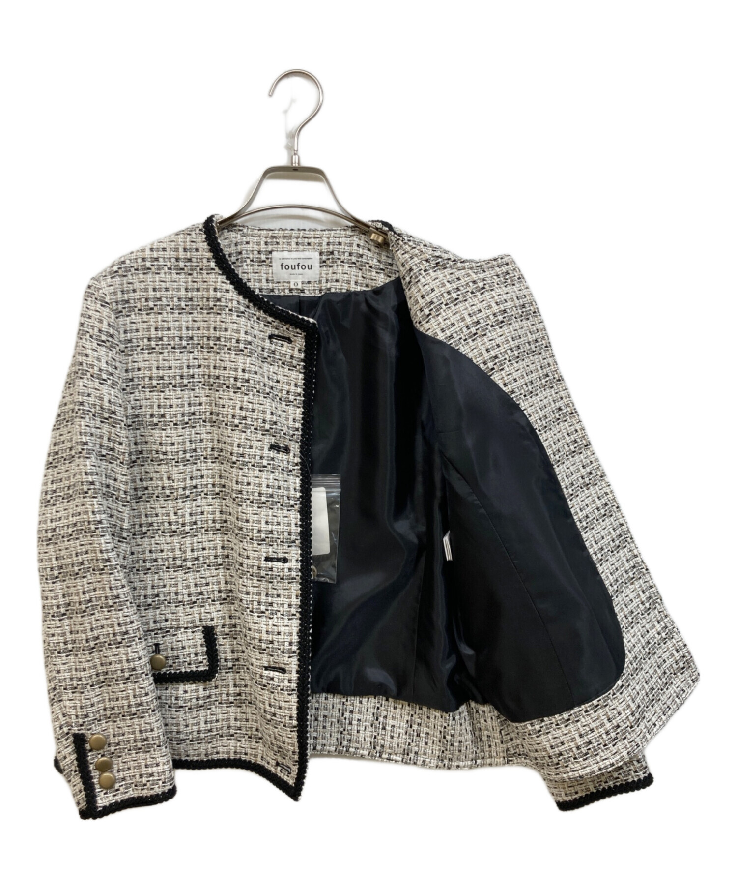 美品　foufou / フーフー ニットツィードノーカラージャケット 中古・古着通販】foufou (フーフー) ノーカラーツイードジャケット