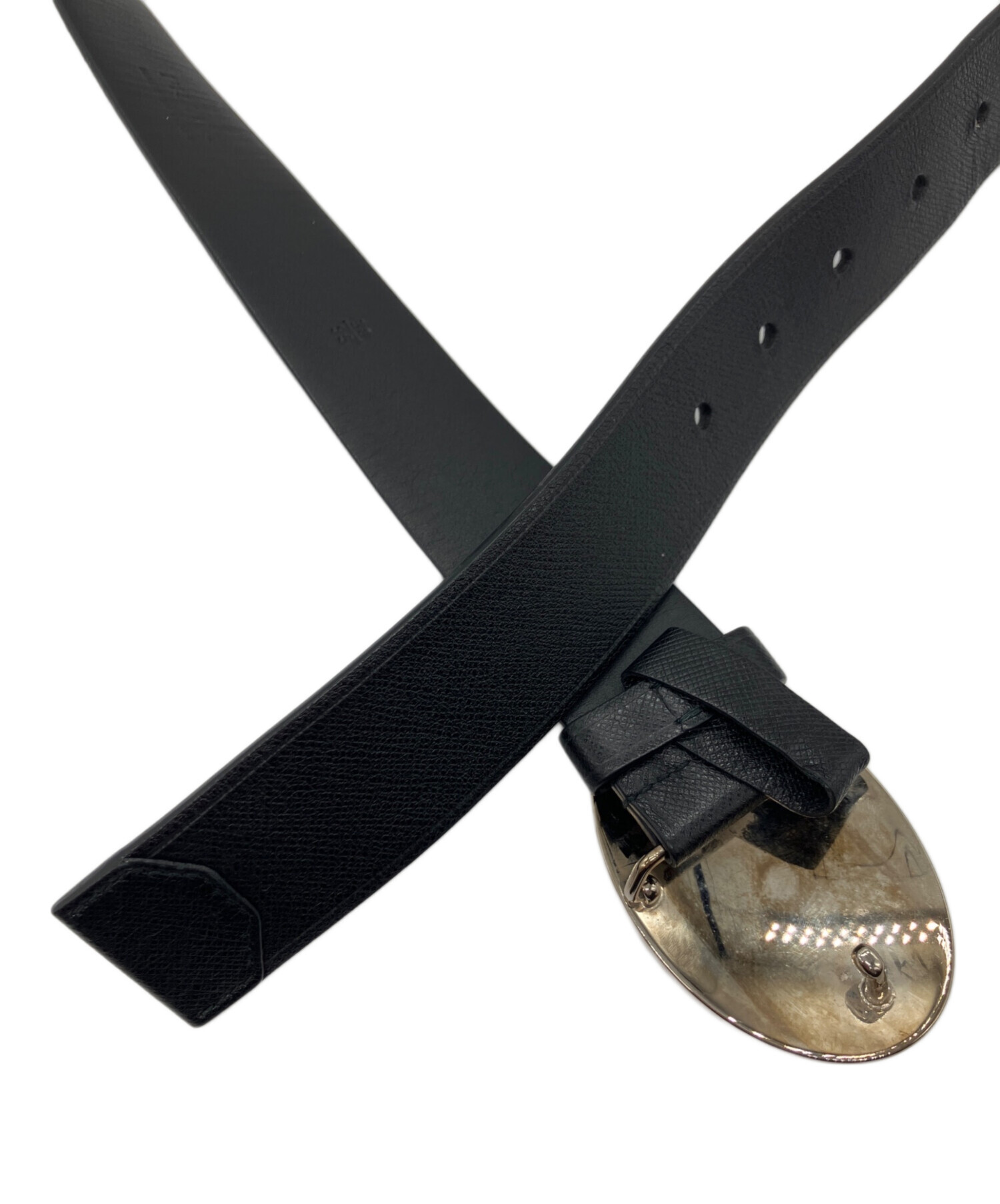 PRADA ブラックレザーベルト ロゴプレート付き PRADA (プラダ) レザー ロゴプレート ピンバックルベルト 85cm 95cm