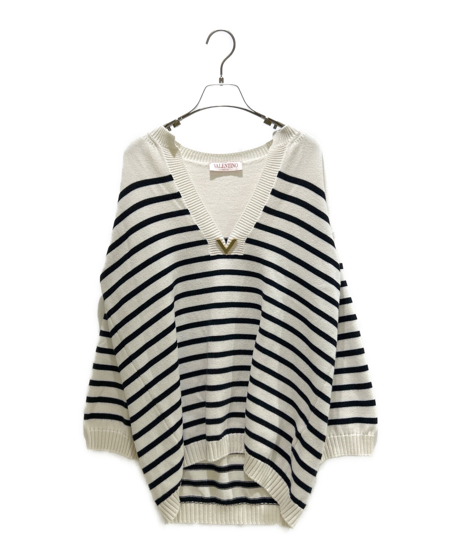 VALENTINO ボーダーカフス お袖ロゴ リブニット 中古・古着通販】VALENTINO (ヴァレンティノ) ボーダーVネックニット