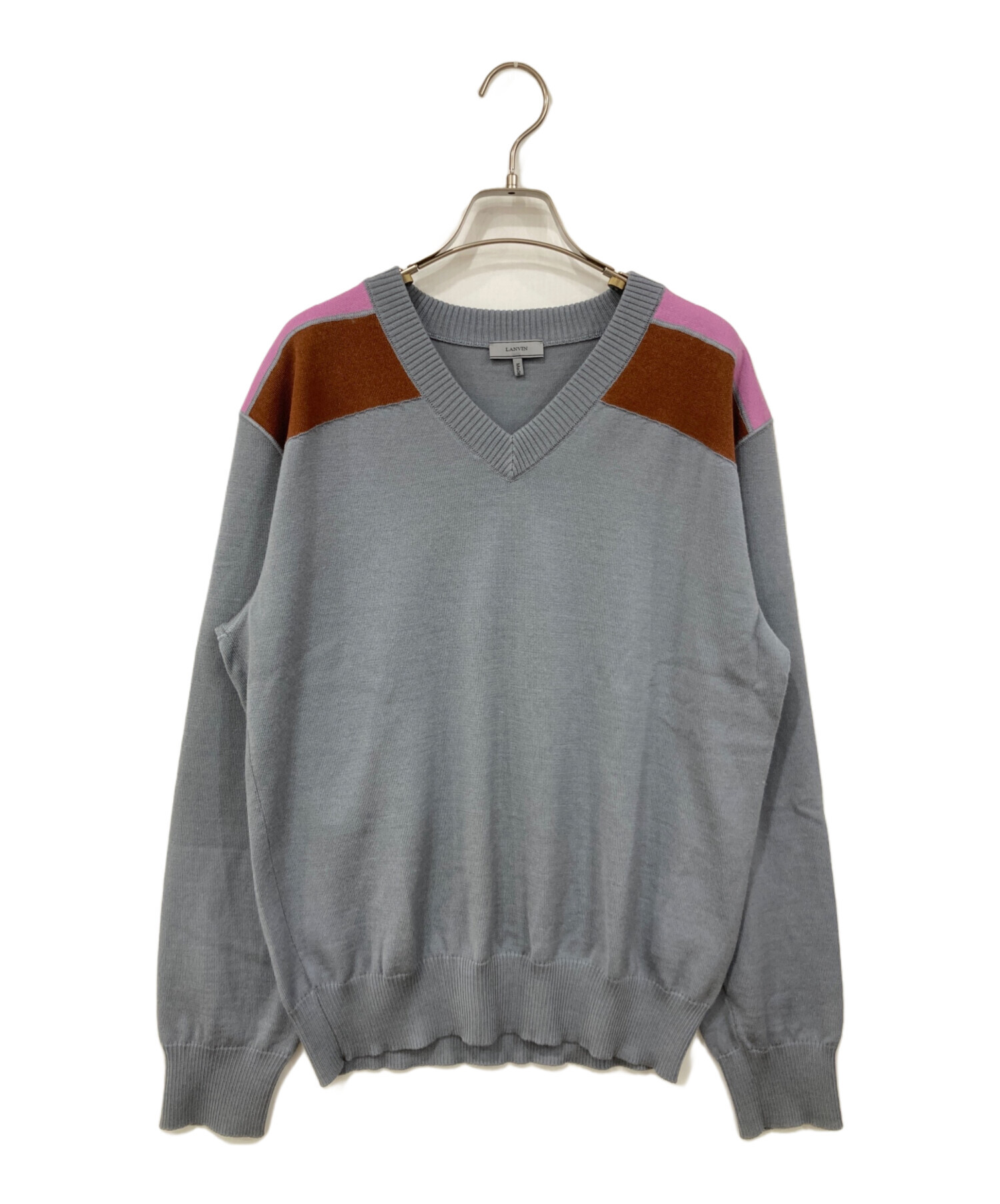中古・古着通販】LANVIN (ランバン) Vネックニット グレー×ブラウン 