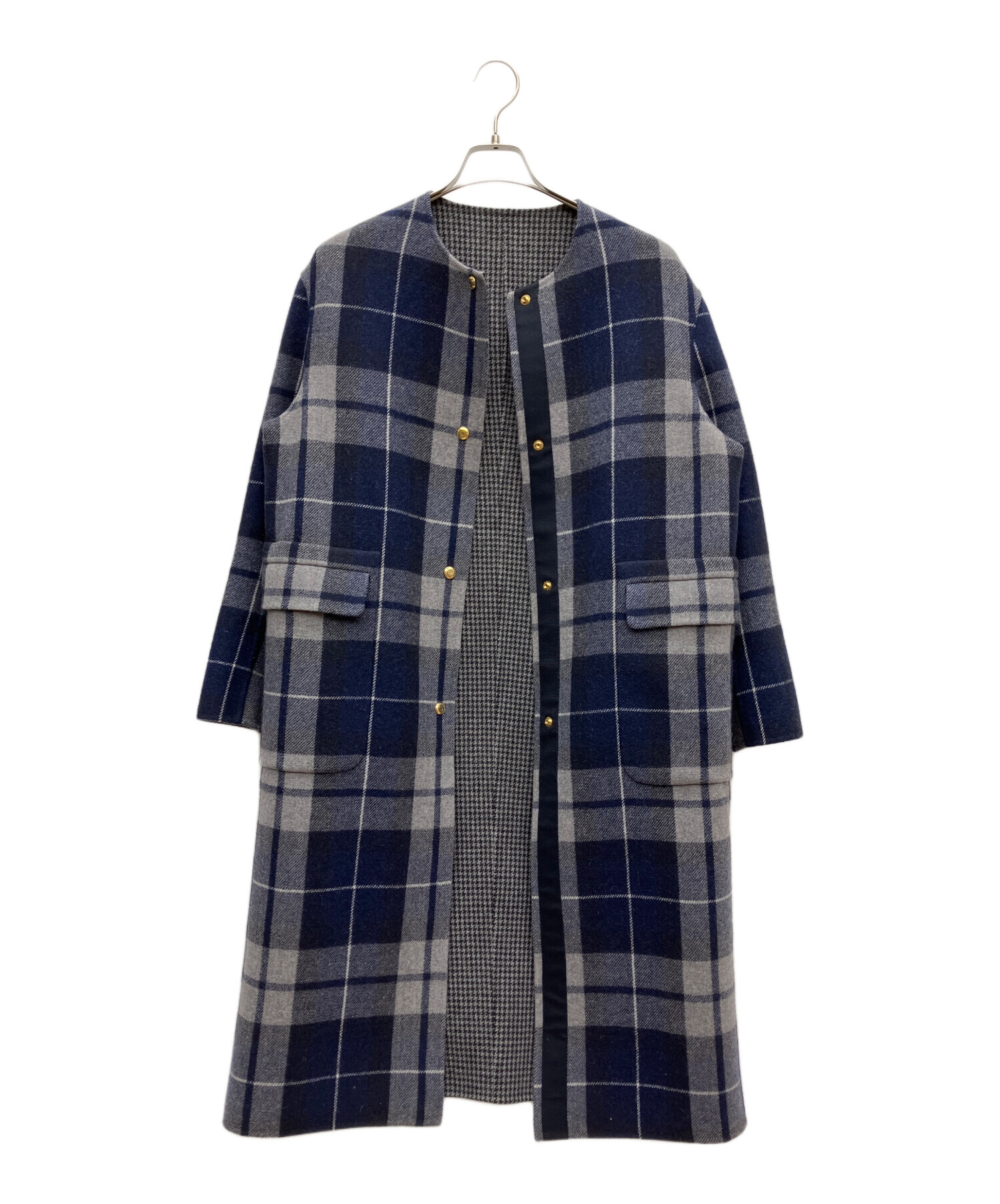 【未使用級】Drawer ドゥロワー ジャケット リネン 麻 ギンガムチェック青 中古・古着通販】Drawer (ドゥロワー) ダブルフェイスチェックコート