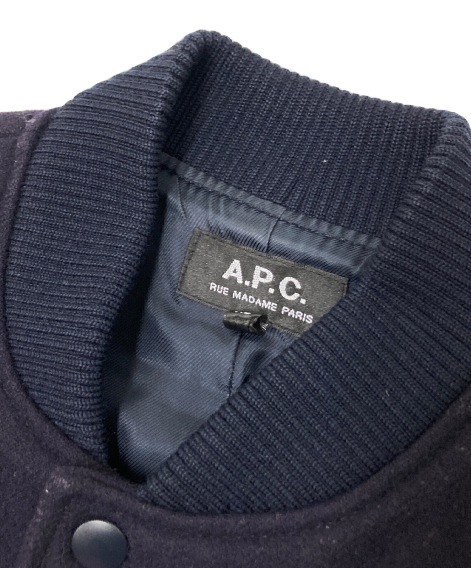 a.p.c スタジャン アーペーセー Sサイズ レザー ネイビー 中古・古着通販】A.P.C. (アーペーセー) アームレザースタジャン