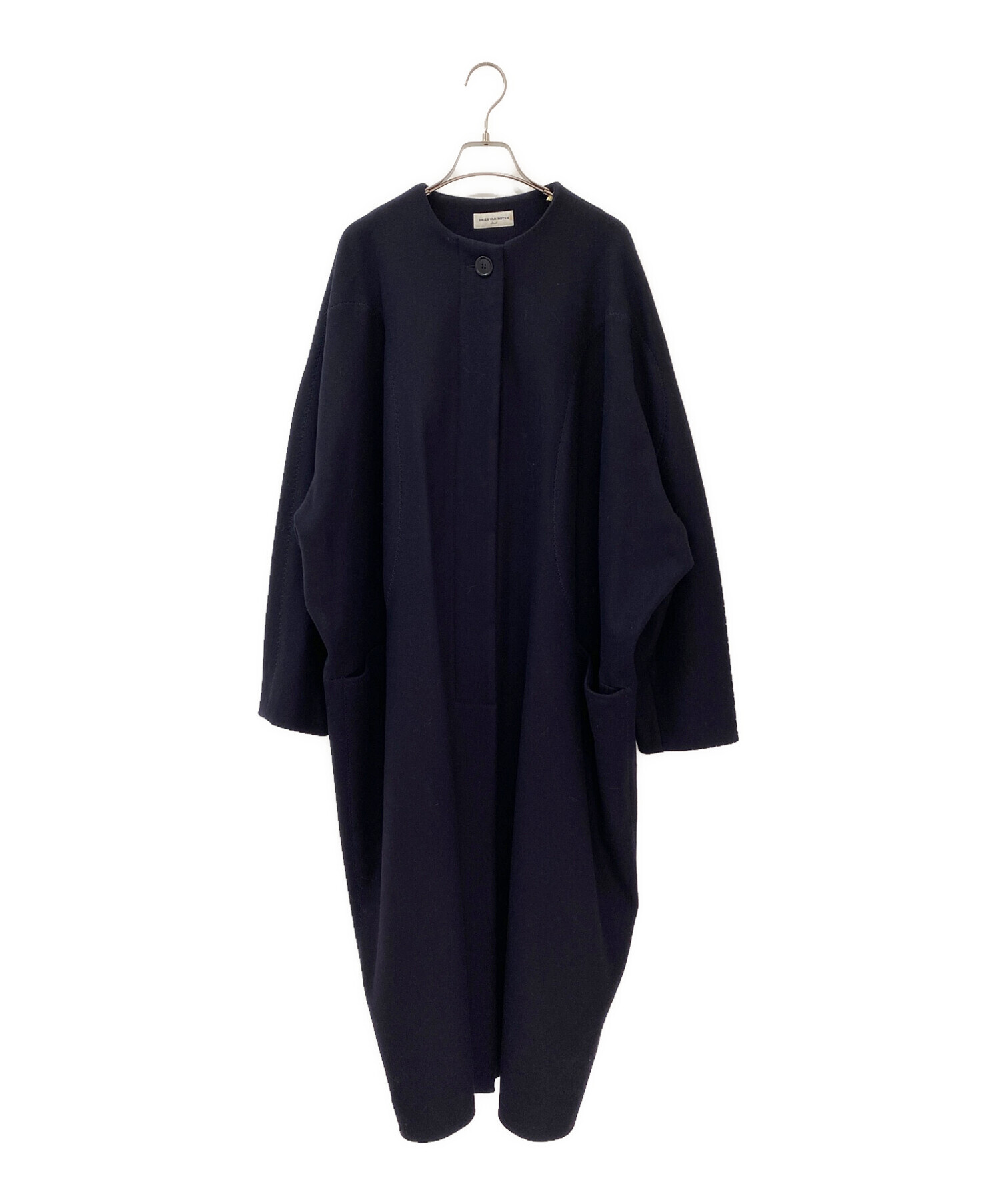 【未使用級】DRIES VAN NOTEN ナイロンロングコートダークネイビー 中古・古着通販】DRIES VAN NOTEN (ドリスヴァンノッテン) ノーカラー