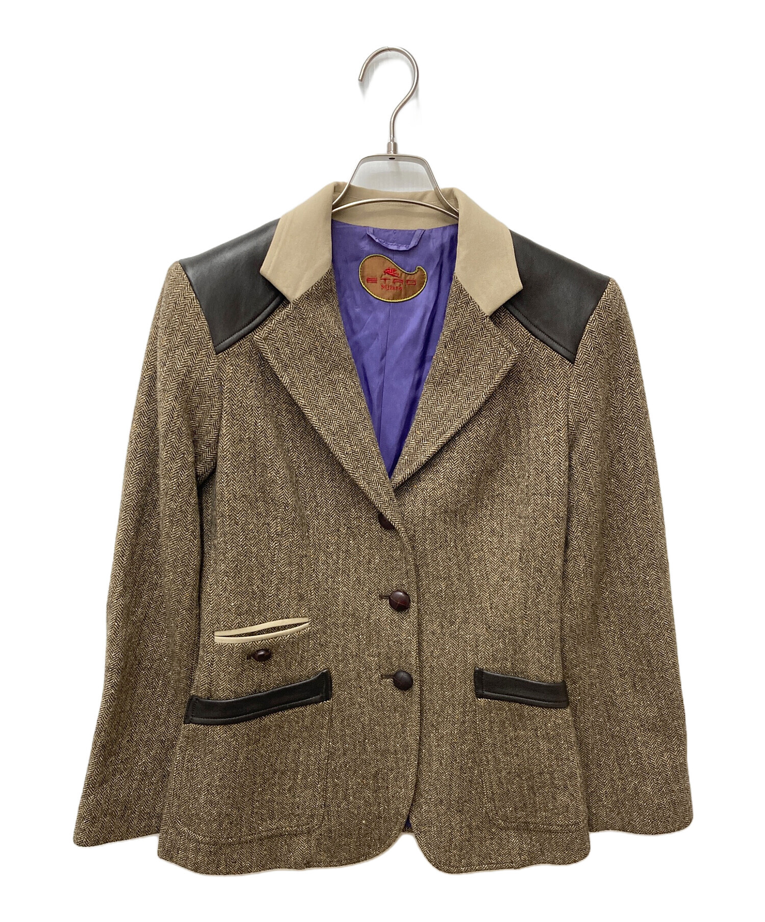 中古・古着通販】ETRO (エトロ) レザーパッチヘリンボーンテーラード