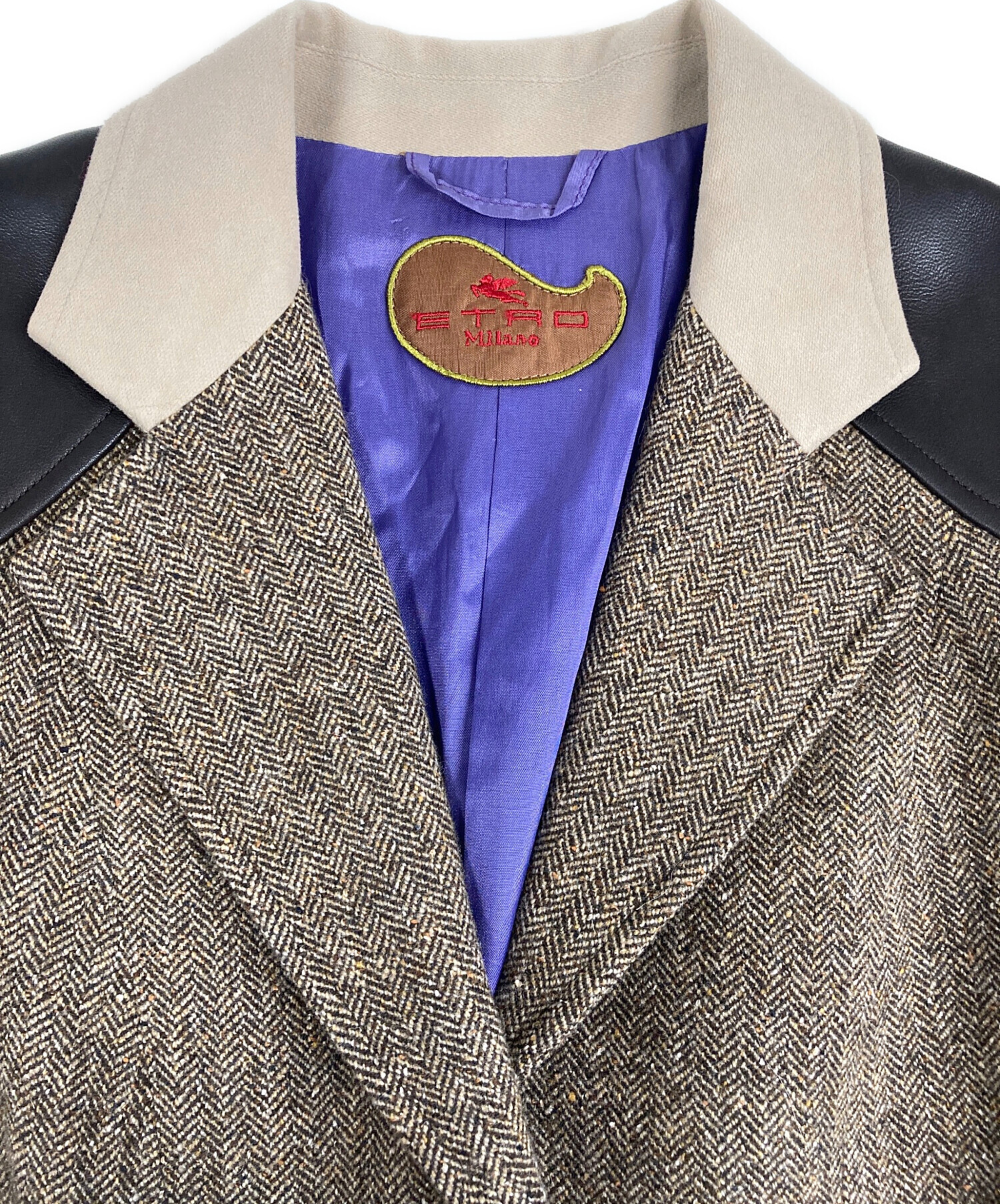 中古・古着通販】ETRO (エトロ) レザーパッチヘリンボーンテーラード