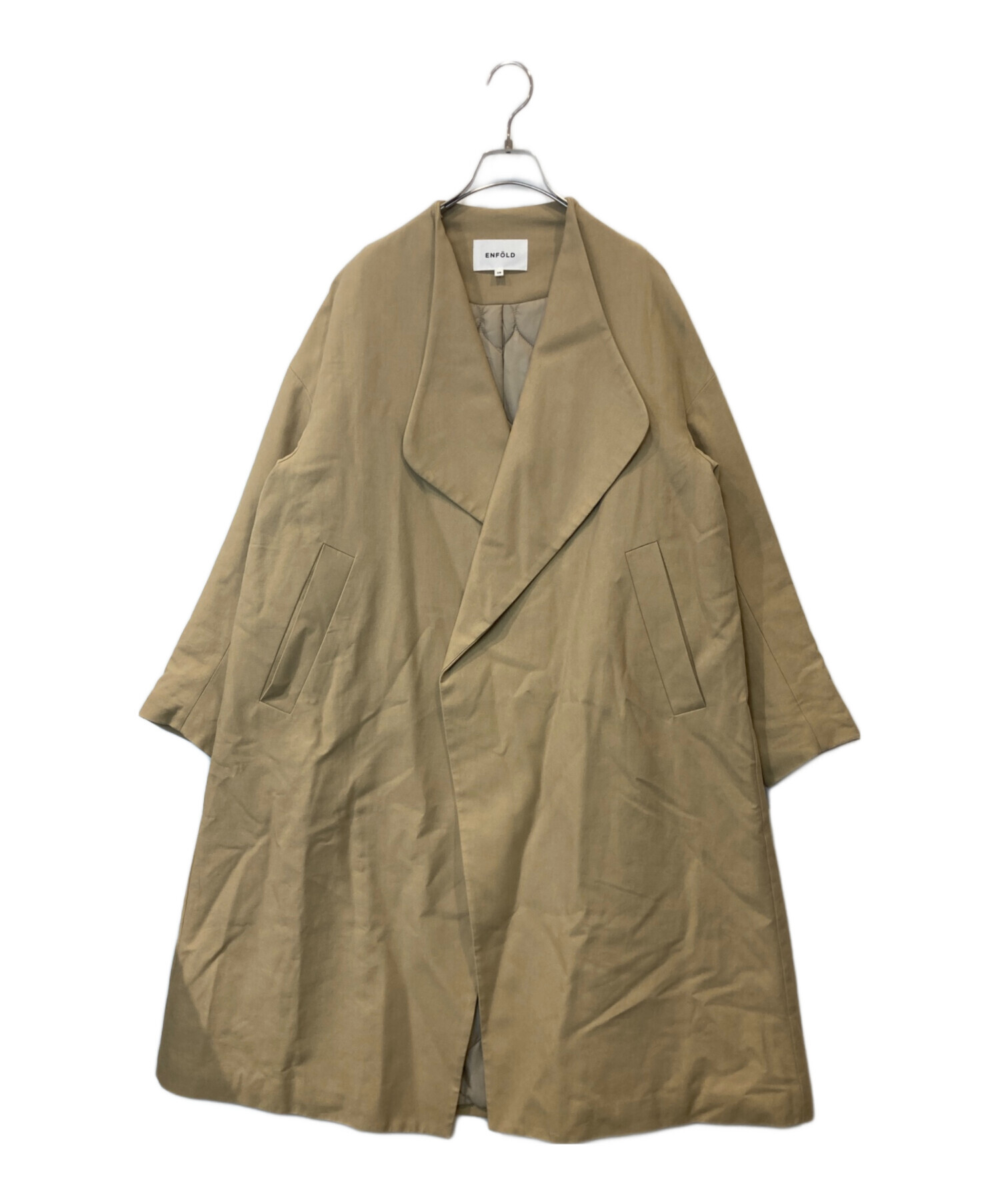 ENFOLD ベージュ・イエロー ウール ロングコート エンフォルド ノーカラー リバーコート ロング丈 ベージュ×イエロー 36