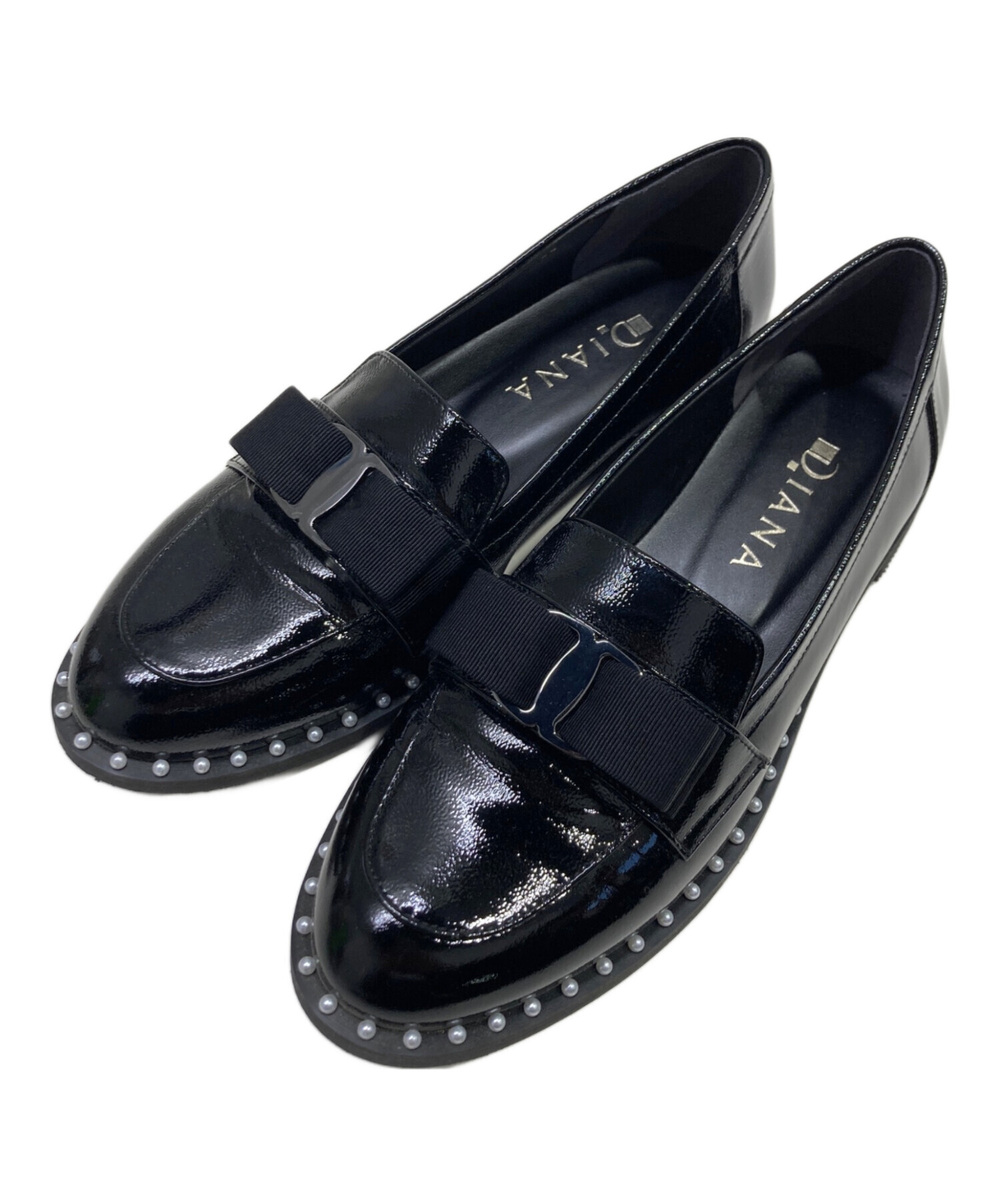 【美品】　ダイアナ　リボン×パールローファー　ブラック　24cm 中古・古着通販】DIANA (ダイアナ) リボンパールローファー ブラック