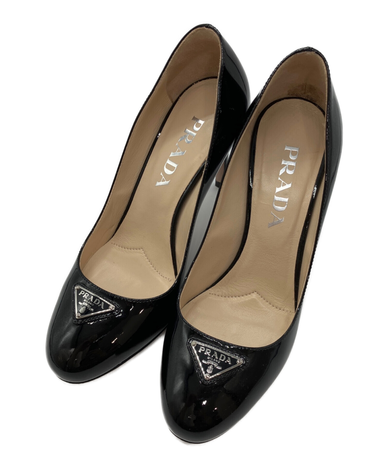 美品‼︎ ◆PRADA◆ パンプス BLACK パテント プラダ 中古・古着通販】PRADA (プラダ) プレート パテントパンプス ブラック