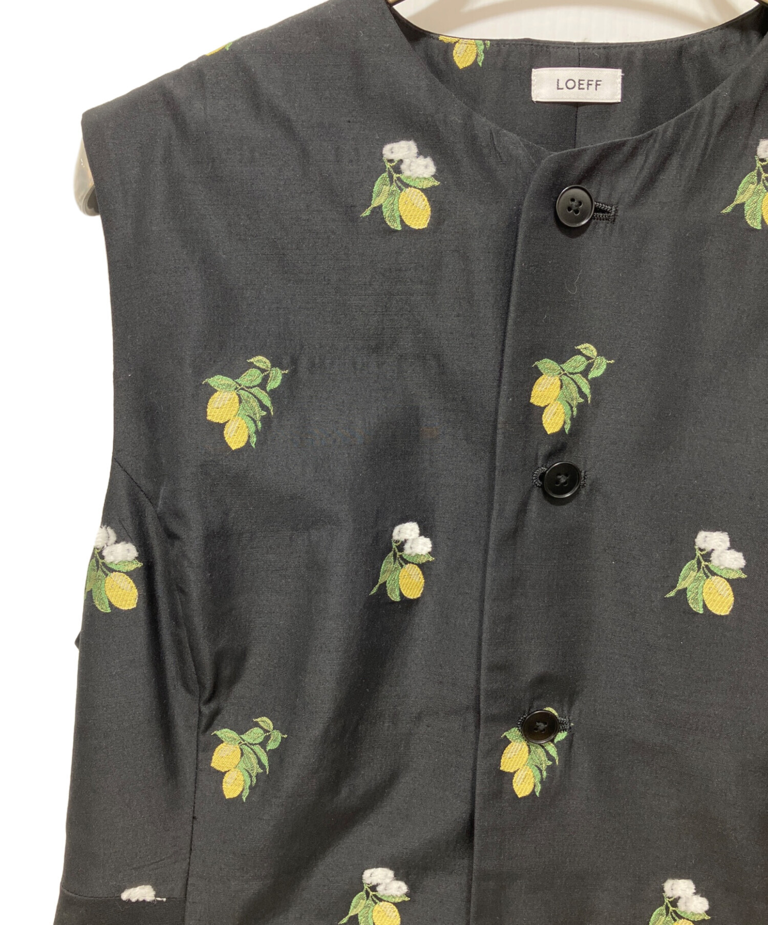 ロエフ LOEFF 刺繍ベスト 中古・古着通販】LOEFF (ロエフ) レモン ジャガード ベスト ブラック