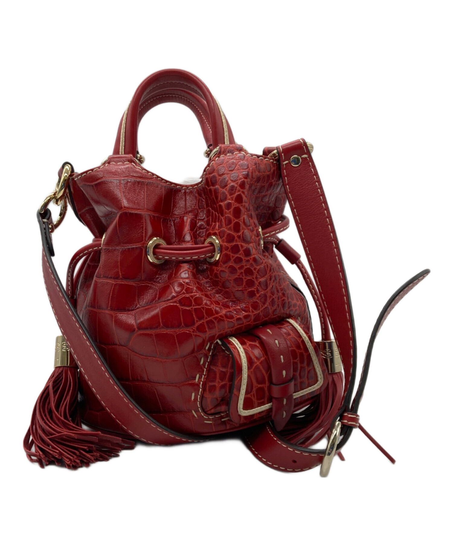 美品 LANCEL レザー 巾着2wayバッグ 中古・古着通販】LANCEL (ランセル) 2WAY型押し巾着バッグ レッド