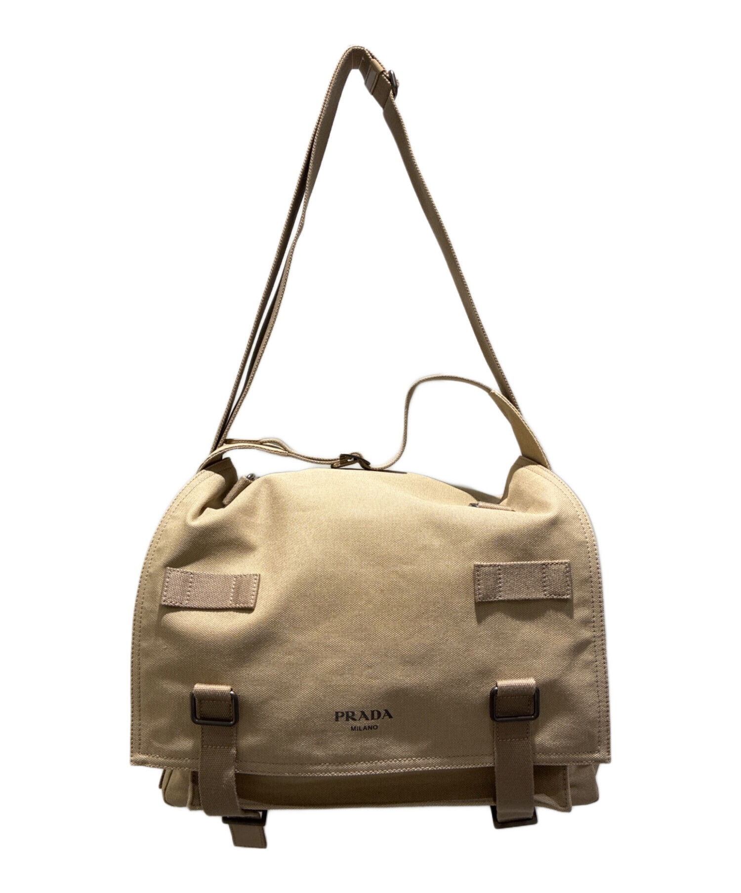 PRADAショルダーバッグ キャンバス レザー ブラウン ベージュ 中古・古着通販】PRADA (プラダ) キャンバスショルダーバッグ