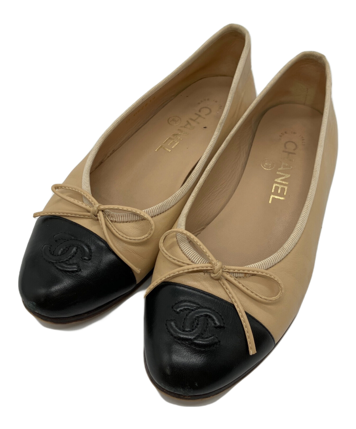 CHANEL バレエシューズ 34サイズ　ベージュ/黒 中古・古着通販】CHANEL (シャネル) フラットバレエシューズ ベージュ