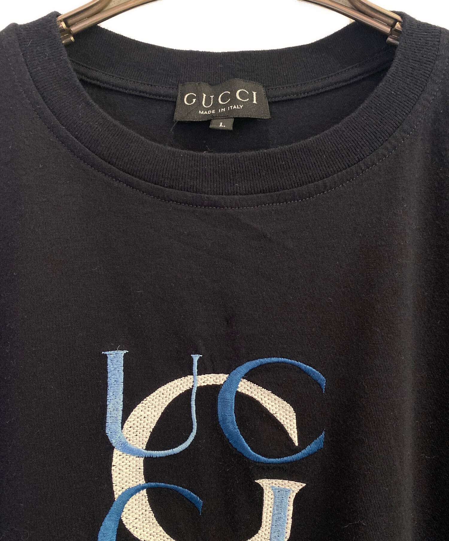 ［期間限定値下げ　美品］GUCCI レザー切り替え Tシャツ ネイビー Sサイズ 中古・古着通販】GUCCI (グッチ) ロゴ刺繍Tシャツ ネイビー サイズ:L