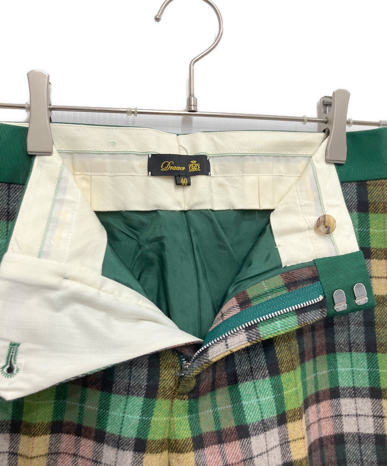 Drawer ドゥロワー スカート　カシミヤ100%　チェック　グリーン 中古・古着通販】DRAWER (ドゥロワー) ウールカシミヤチェックパンツ