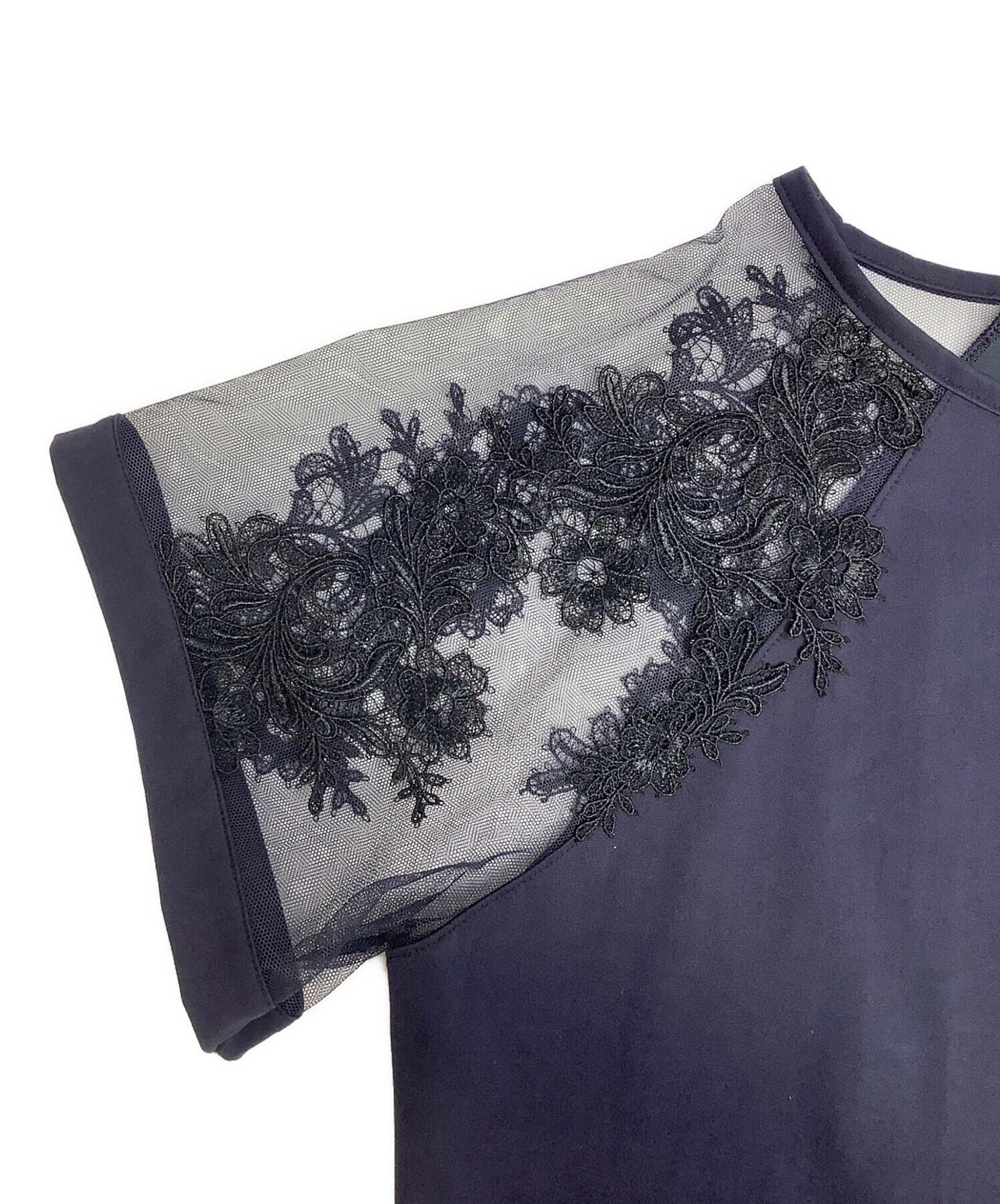 中古・古着通販】Yue (ユエ) レース切り替えTシャツ ネイビー サイズ:M 