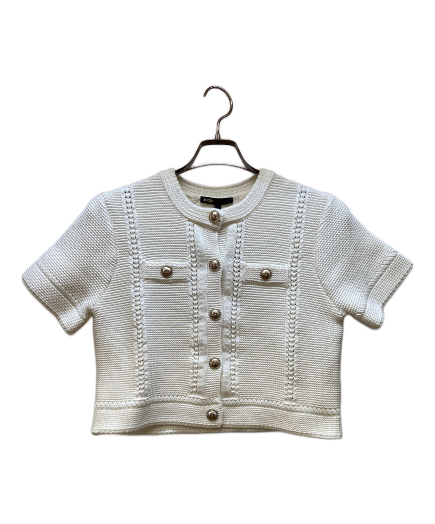 Maje 半袖 ニットカーディガン ホワイト チャーム付き 中古・古着通販】maje (マージュ) Short-sleeved knit cardigan