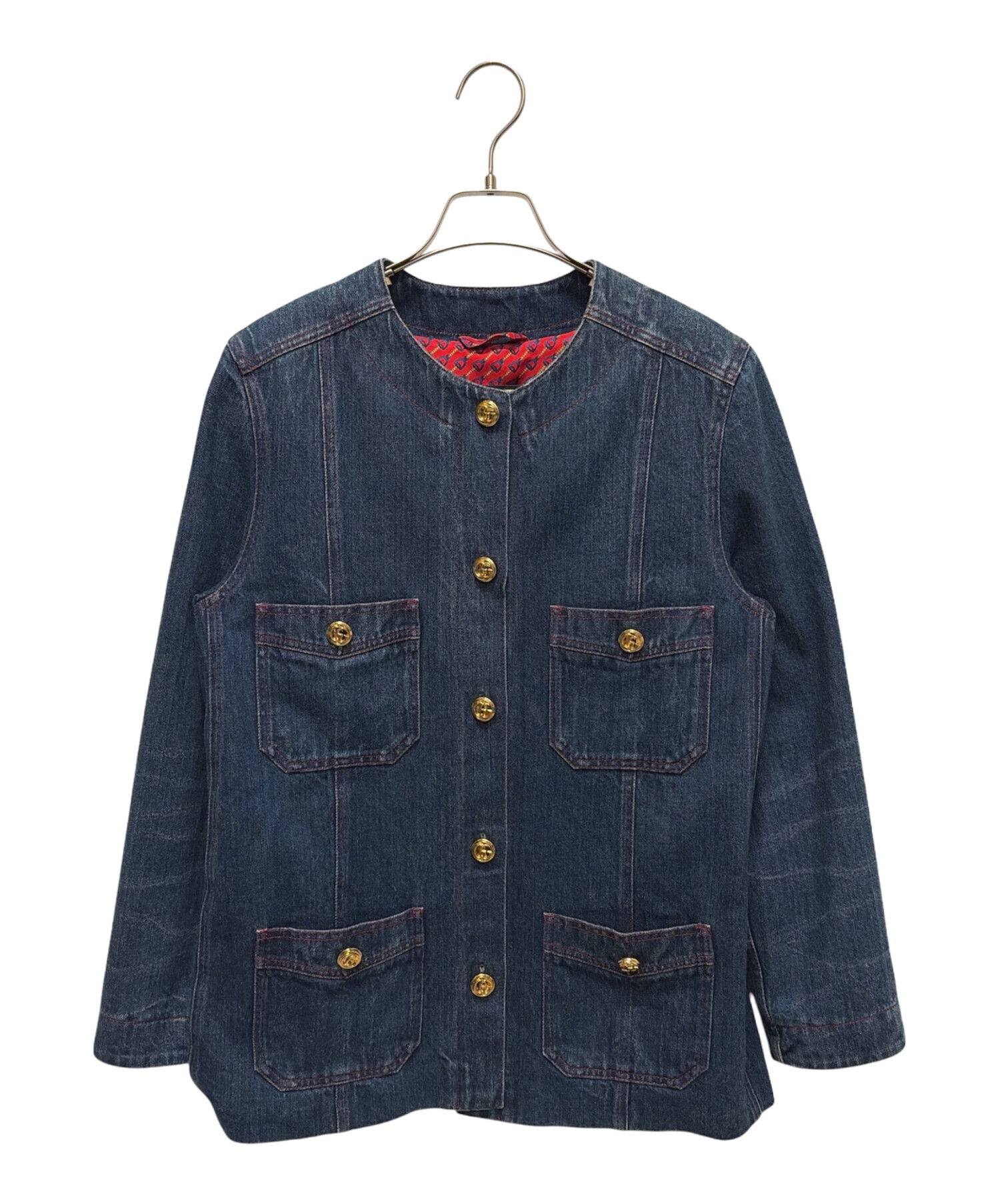 GUCCI ノーカラージャケット36 ネイビー レッド 名作 高級 レディース