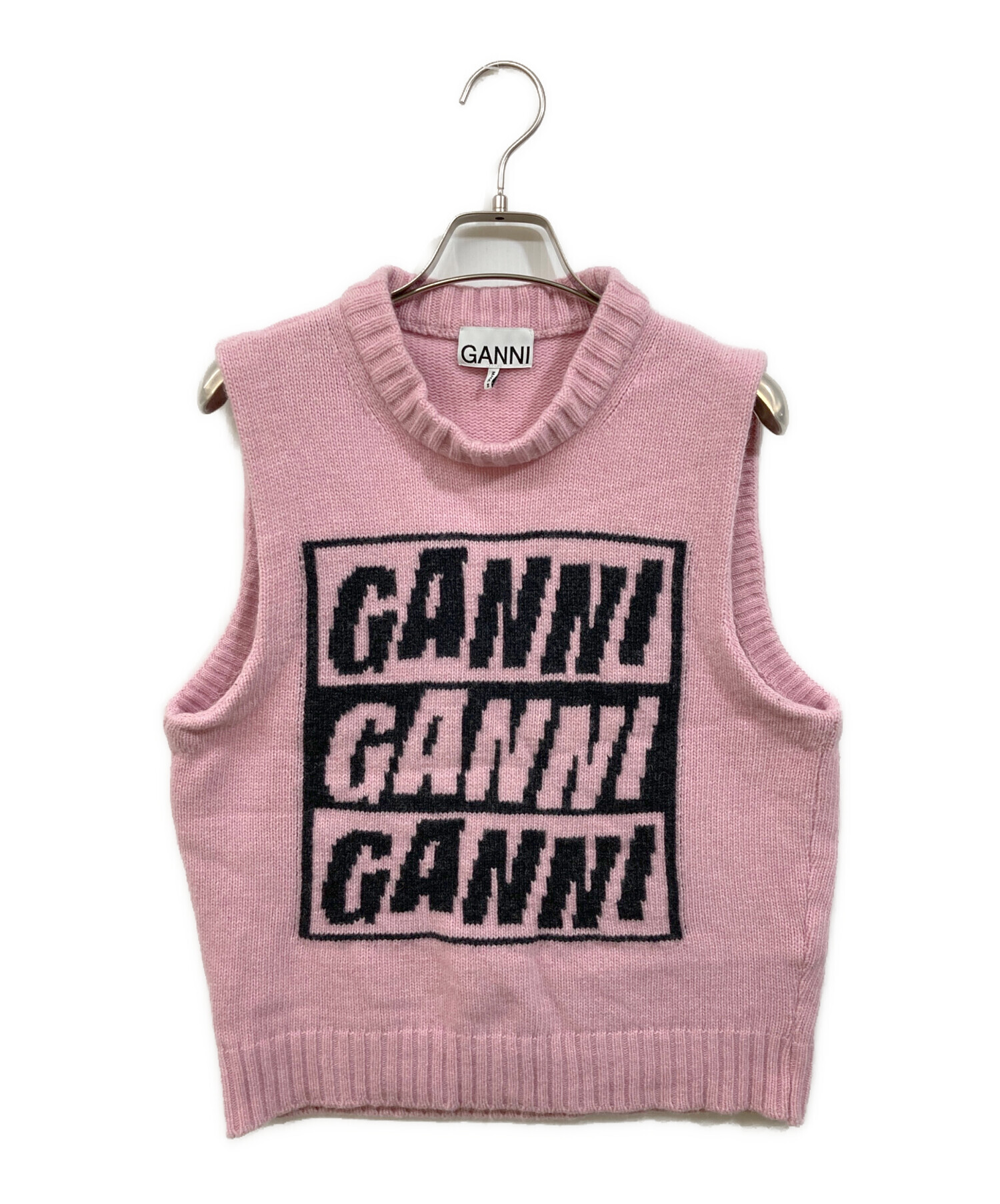 GANNI ニットベスト ピンク グレー 中古・古着通販】Ganni (ガニー) ニットベスト ピンク サイズ:S