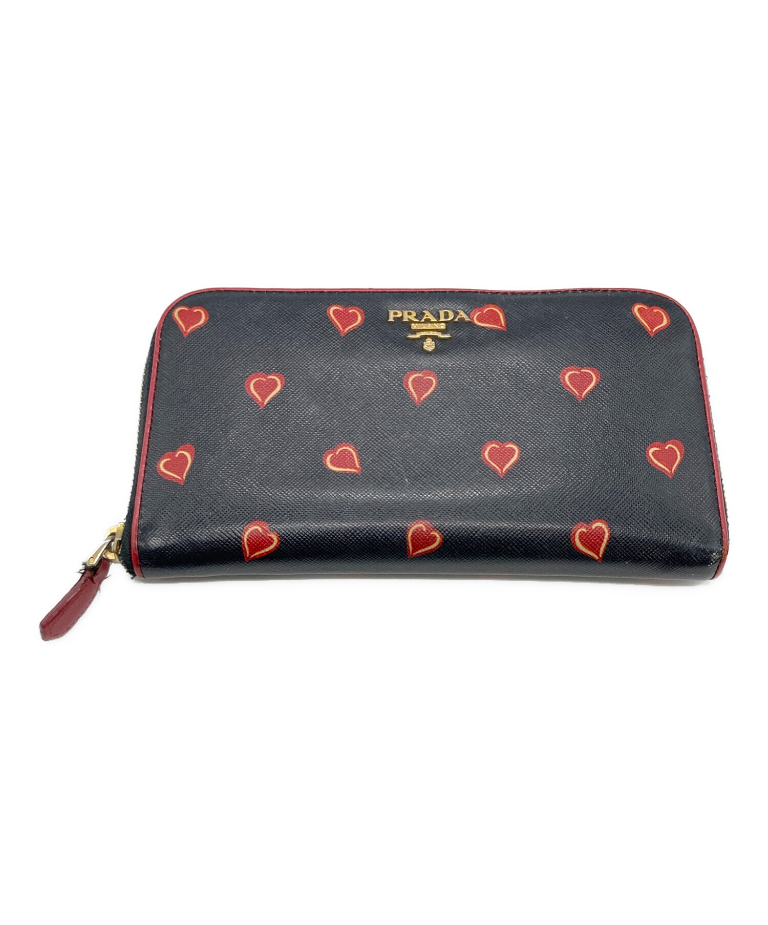 極美品　PRADA ハート柄 三つ折り財布　プラダ　財布　黒　赤　ブラック 中古・古着通販】PRADA (プラダ) ハート柄長財布 ブラック｜ブランド