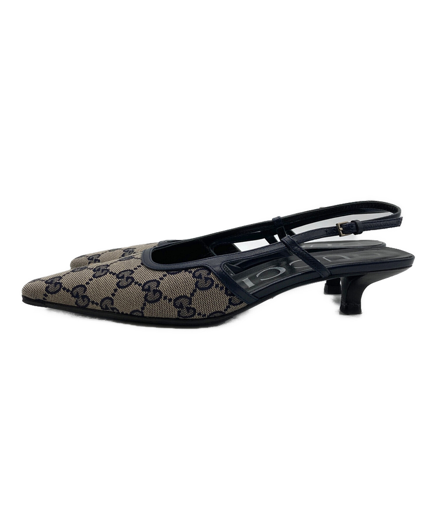 GUCCI ベージュ スリングバックパンプス 34.5 中古・古着通販】GUCCI (グッチ) GGスリングバックミッドヒール