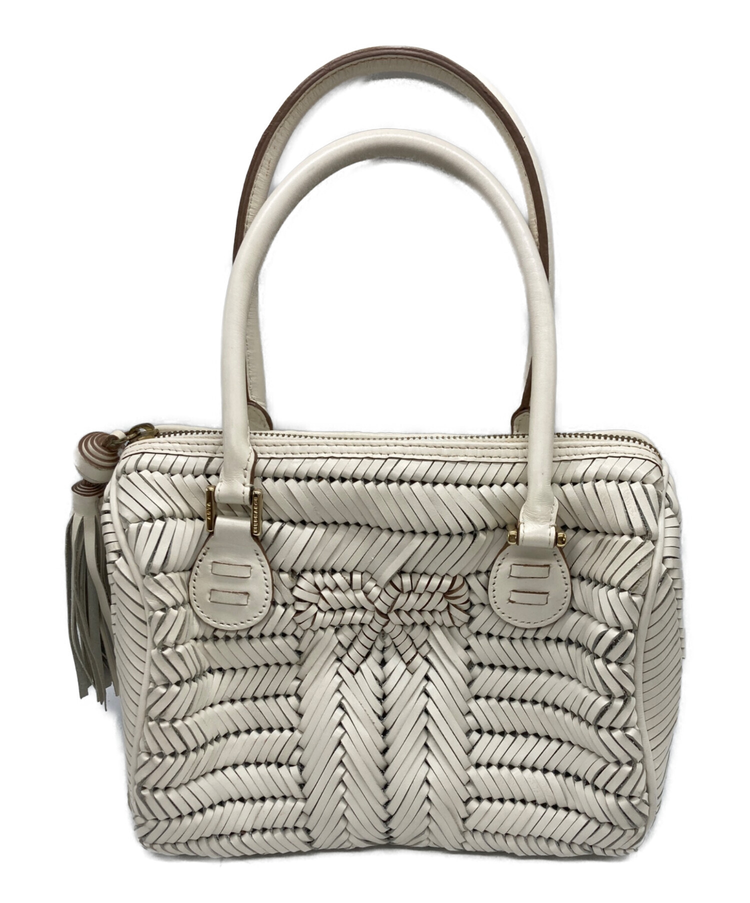 美品 Anya Hindmarch レザー編み込み ハンドバッグ　ホワイト 中古・古着通販】ANYA HINDMARCH (アニヤ・ハインドマーチ) レザー編み