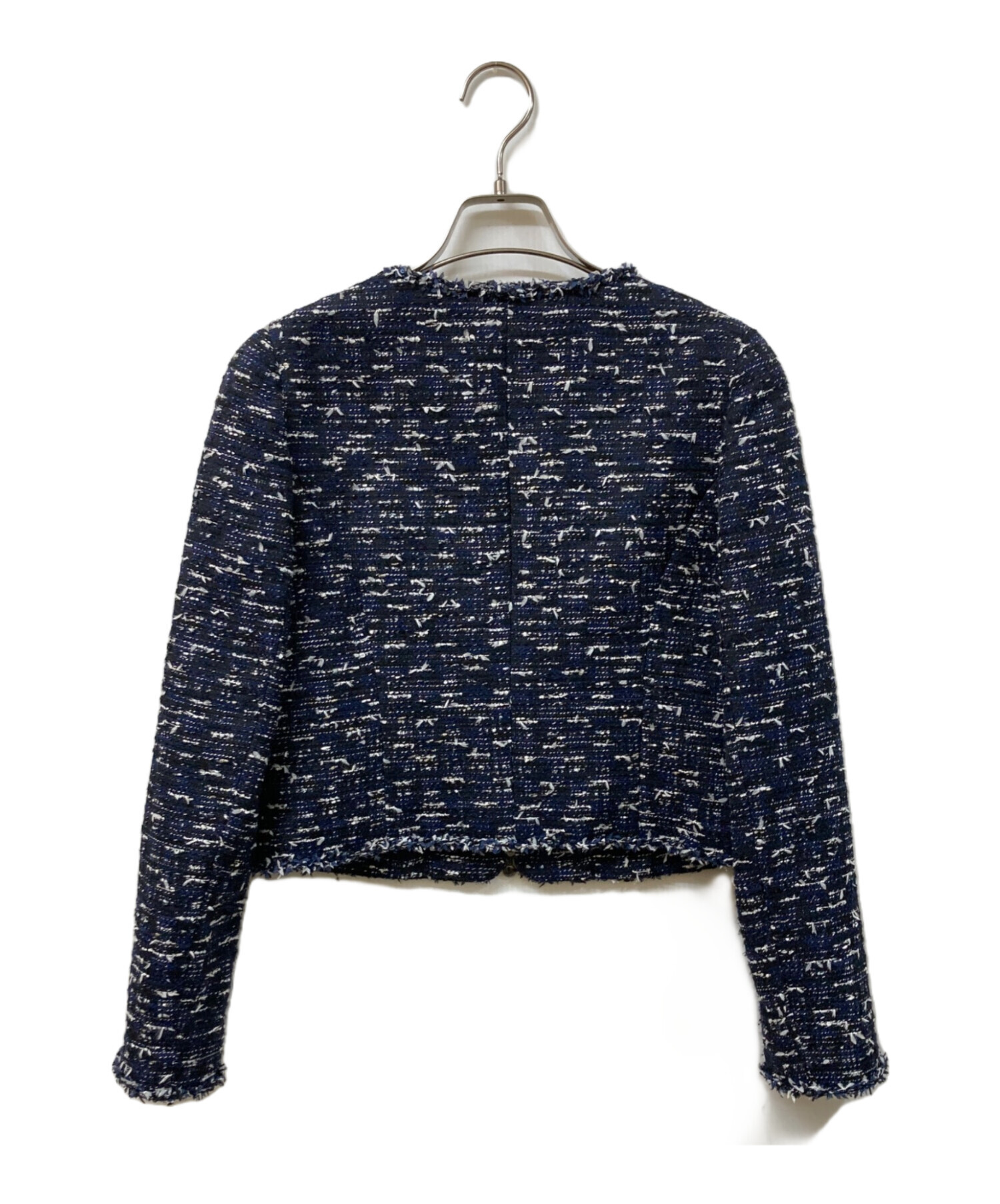 René ノーカラージャケット 34サイズ 中古・古着通販】Rene (ルネ) ノーカラーツイードジャケット ネイビー