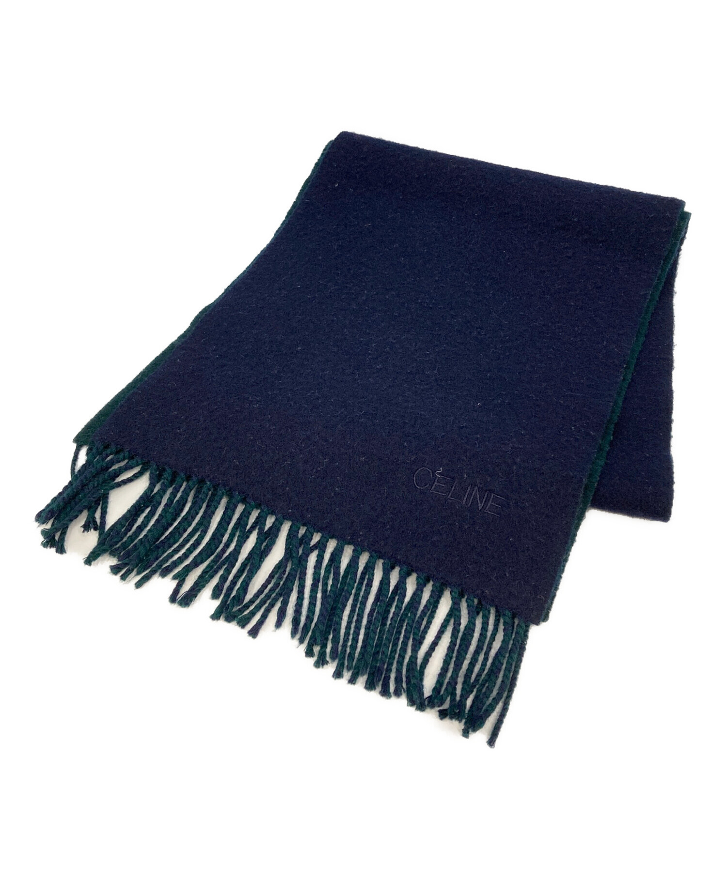 【貴重】オールドセリーヌCELINE マフラー 青 中古・古着通販】CELINE (セリーヌ) マフラー グリーン×ネイビー