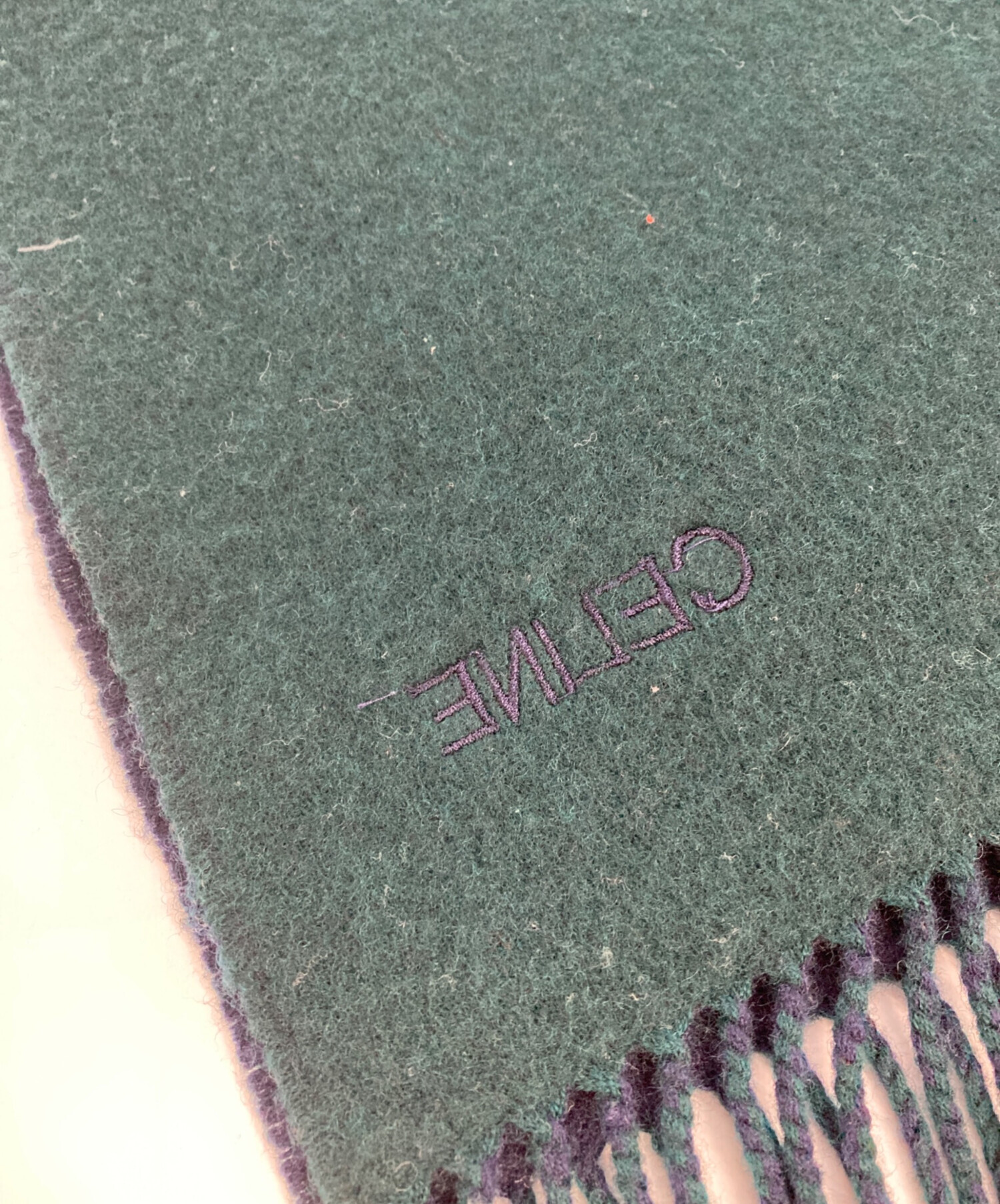 CELINE セリーヌ マフラー ストール ブルーグリーン ラムウール100% 中古・古着通販】CELINE (セリーヌ) マフラー グリーン×ネイビー