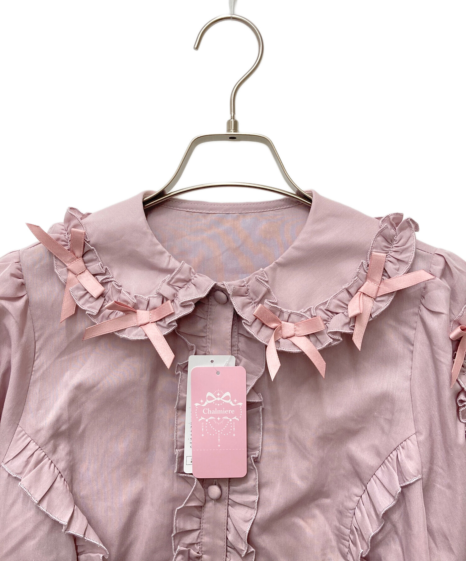Chalmiere フリルリボンブラウス ピンク 中古・古着通販】CHALMIERE (シャルミエール) フリルブラウス ピンク