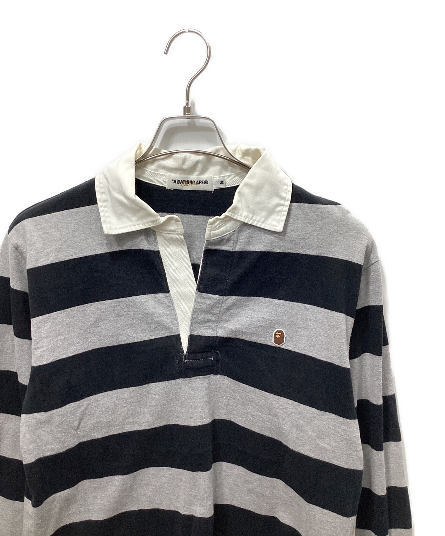 【L】A BATHING APE 黒灰ストライプ　ラガーシャツ 中古・古着通販】A BATHING APE (アベイシングエイプ) エルボーパッチ