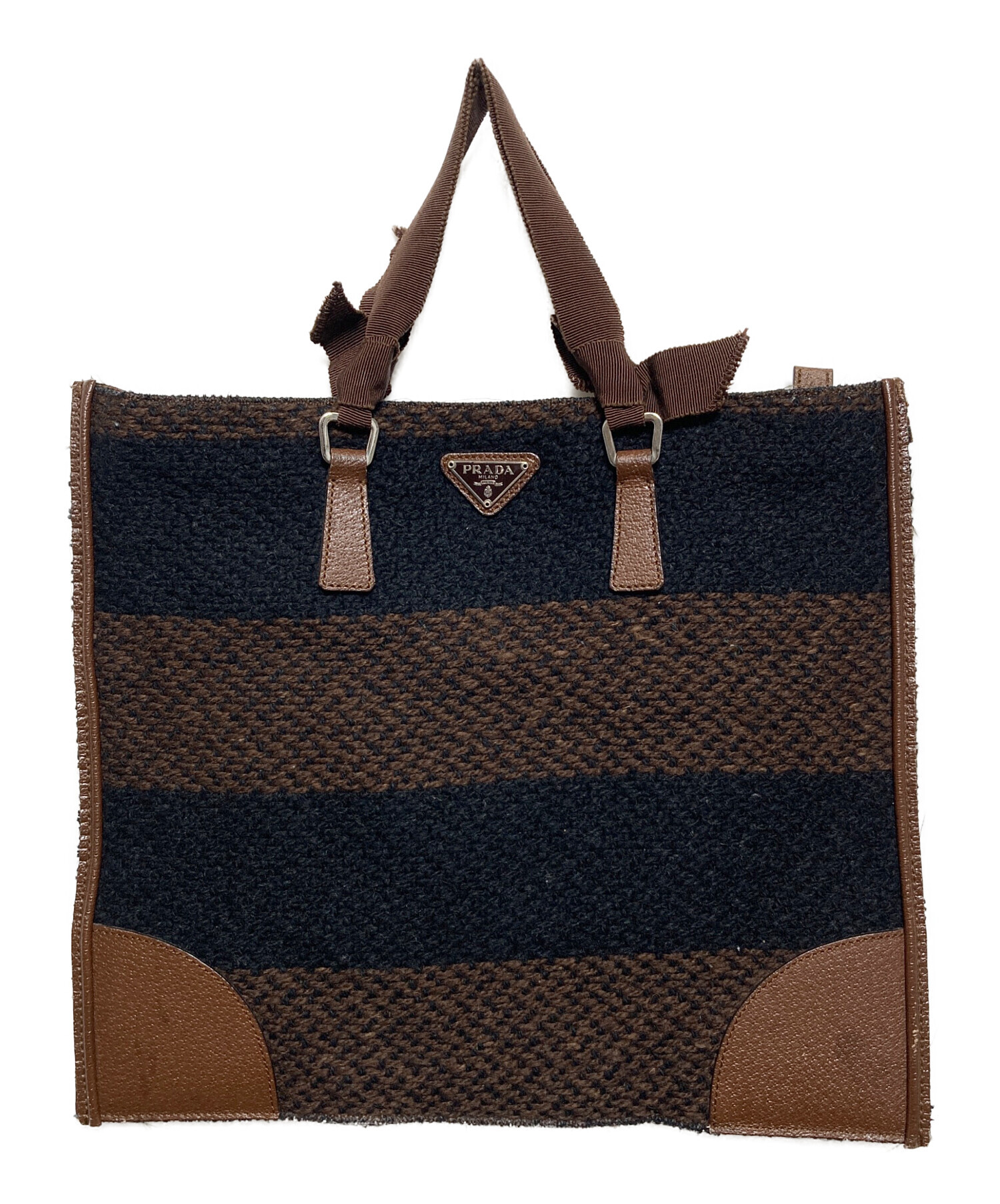 中古・古着通販】PRADA (プラダ) ツイードレザーハンドバッグ ブラック