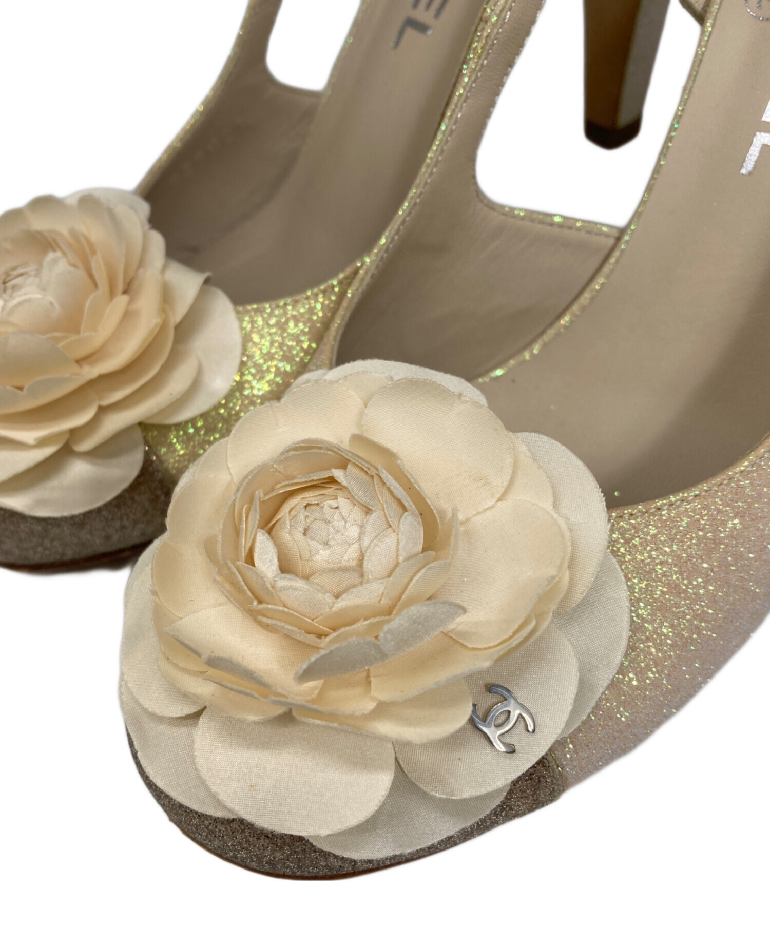 24149✨シャネル カメリア 花 バイカラー ミュール パンプス ハイヒール 中古・古着通販】CHANEL (シャネル) カメリアモチーフヒールパンプス