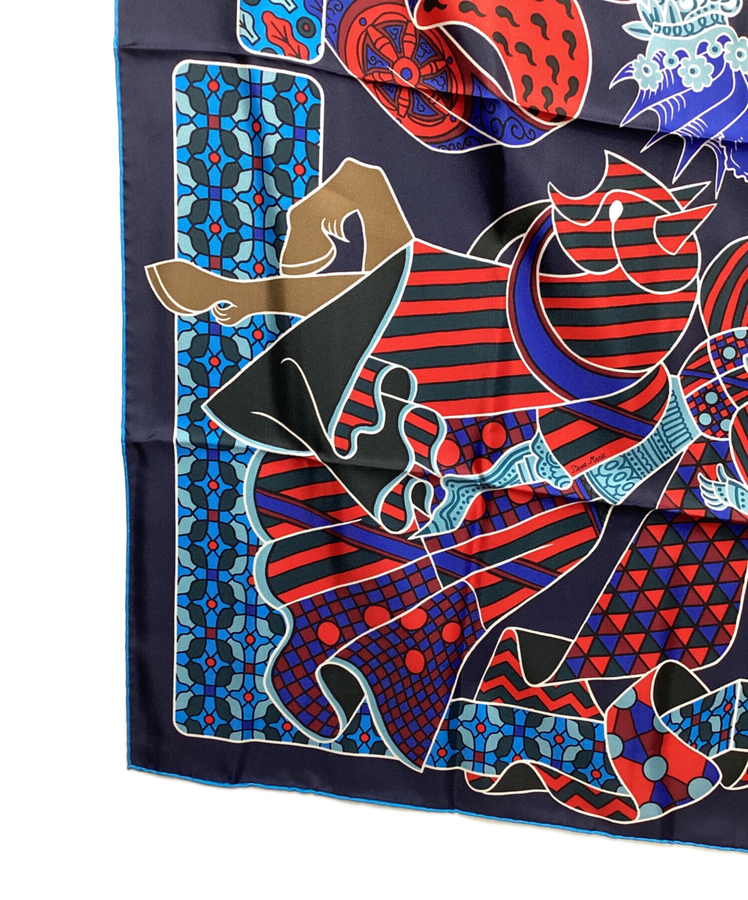 HERMES ネイビー スカーフ エルメスデザインのシルクスカーフ ネイビーブルー【馬具