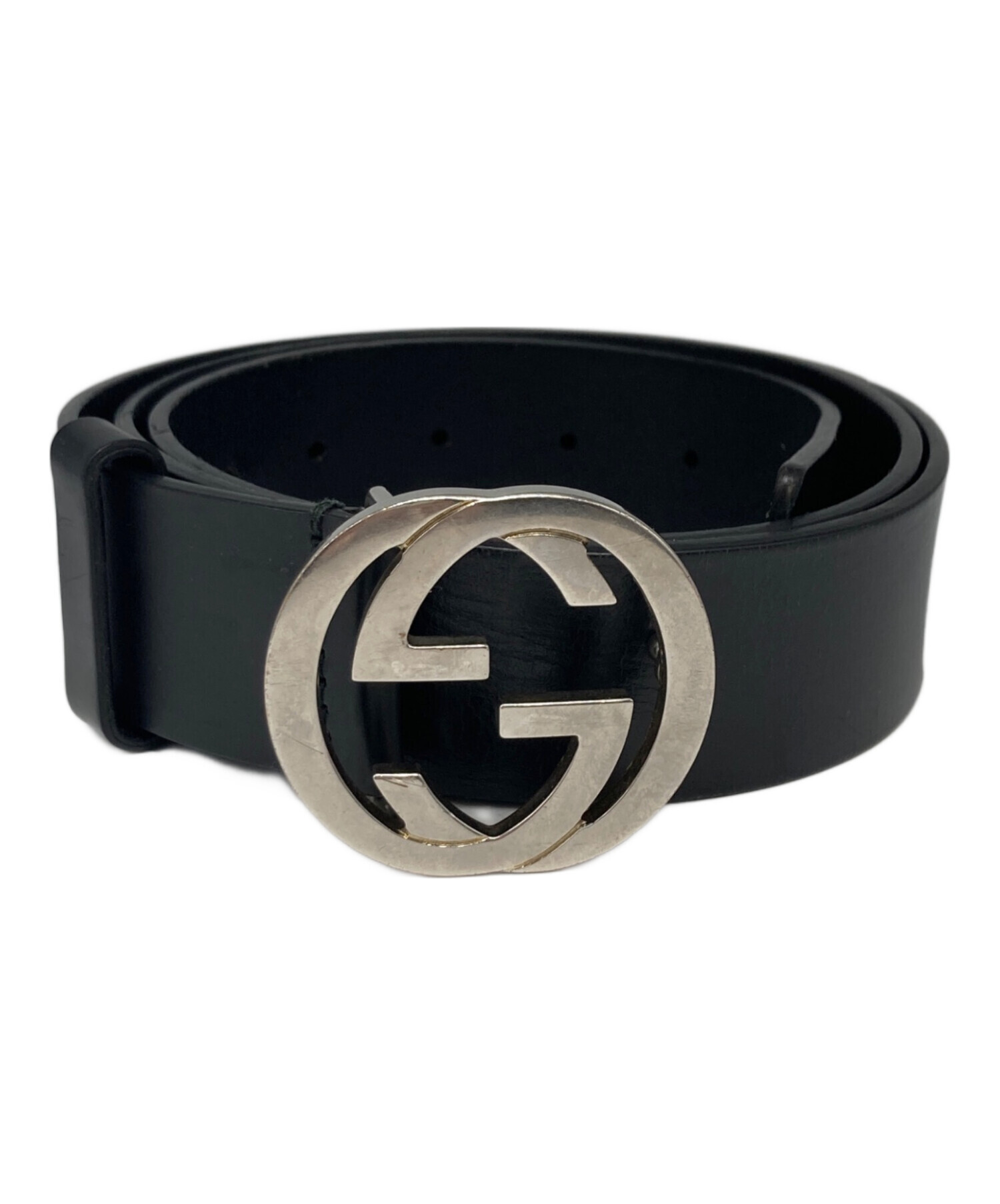 GUCCI グッチ インターロッキング　レザーベルト マット ブラック 中古・古着通販】GUCCI (グッチ) インターロッキングGレザーベルト