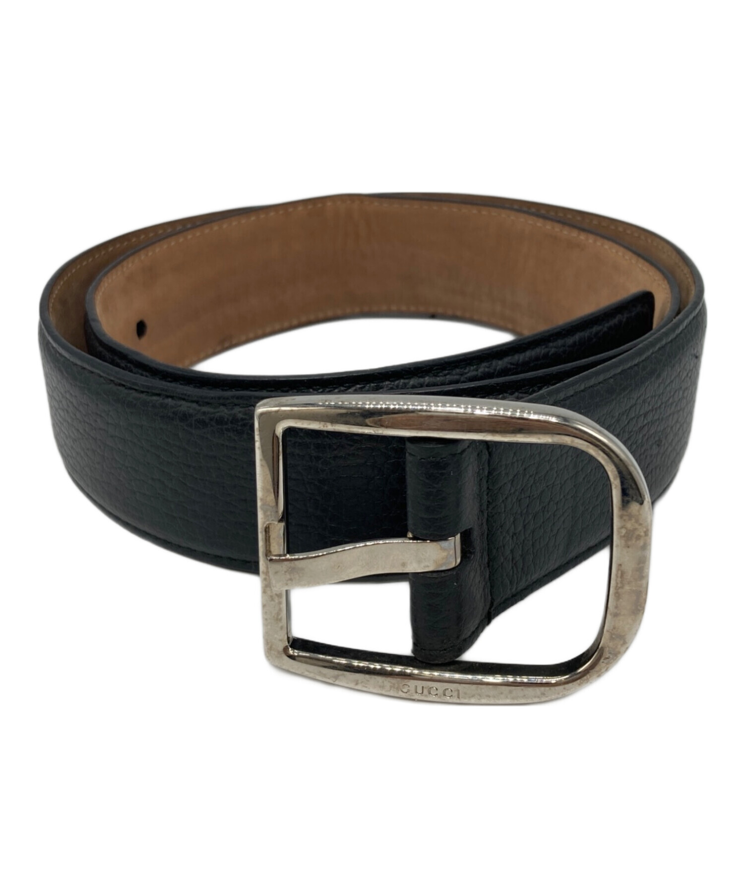 GUCCI グッチ シボ革　ブラックレザー　シルバーバックル　ロゴ刻印 中古・古着通販】GUCCI (グッチ) シボ革ベルト ブラック｜ブランド