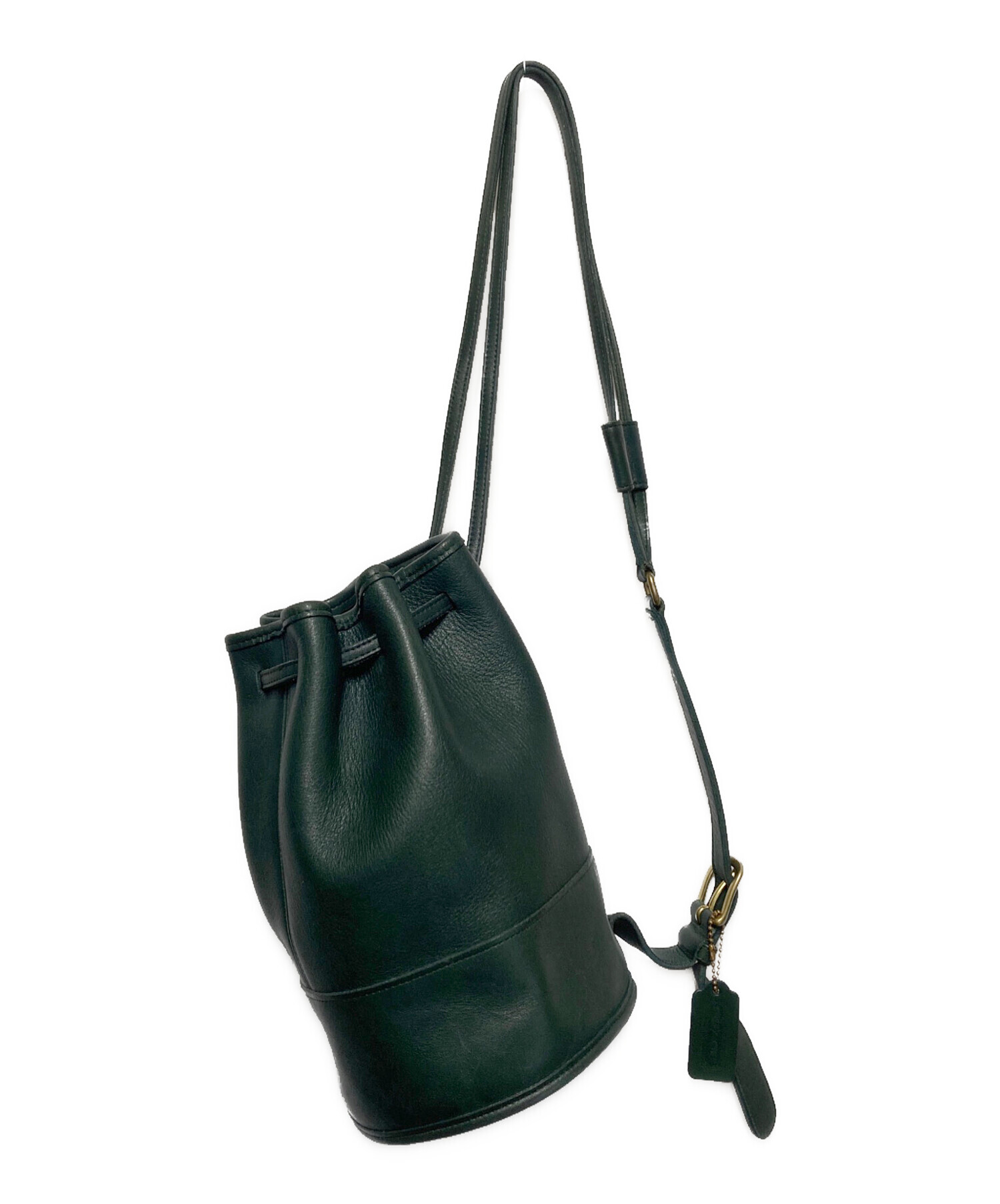 中古・古着通販】COACH (コーチ) レザー巾着ショルダーバッグ グリーン