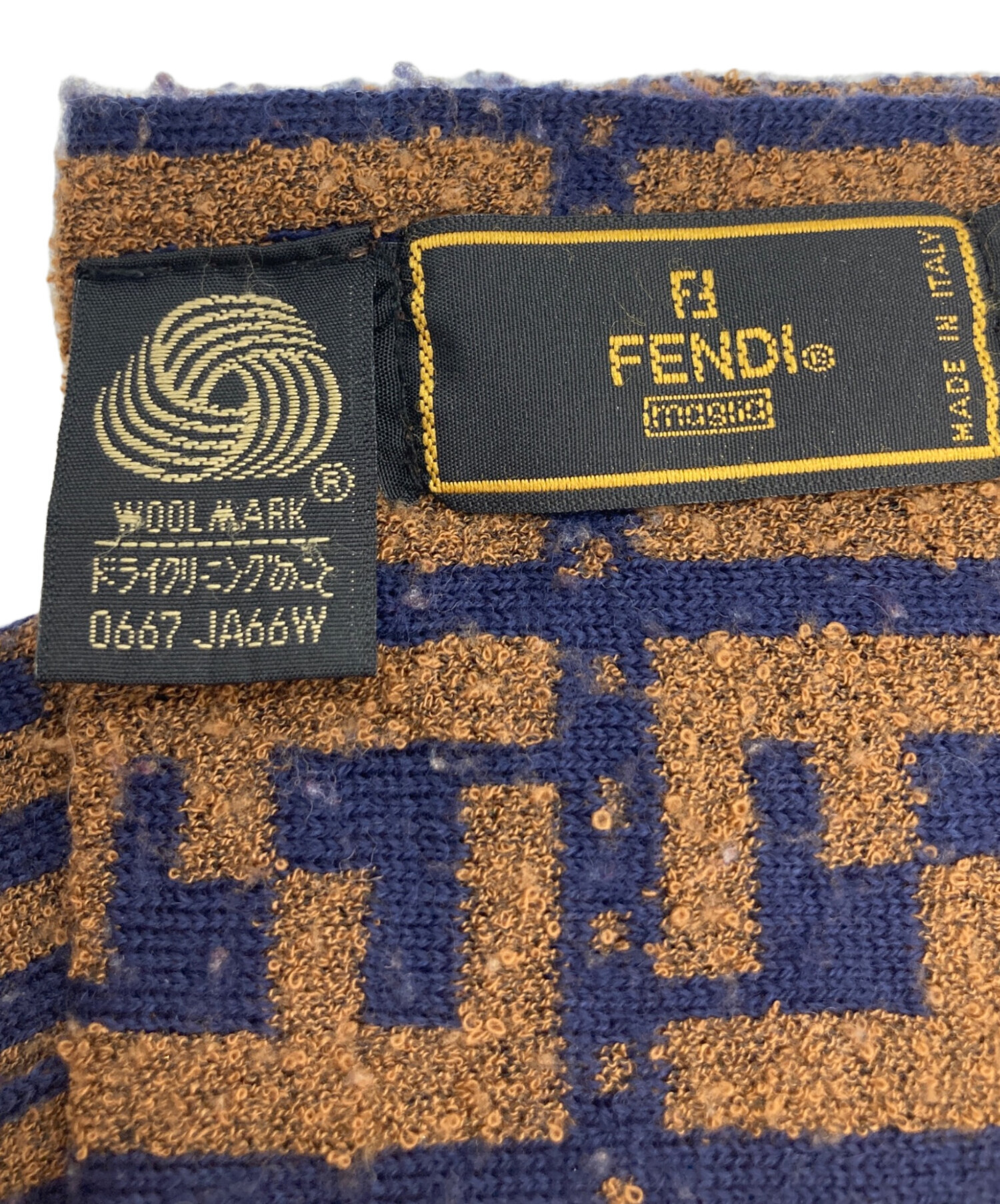Fendi ウール100% マフラー ダークブラウン/ネイビー FFマフラー ウール ブラウン | Fendi