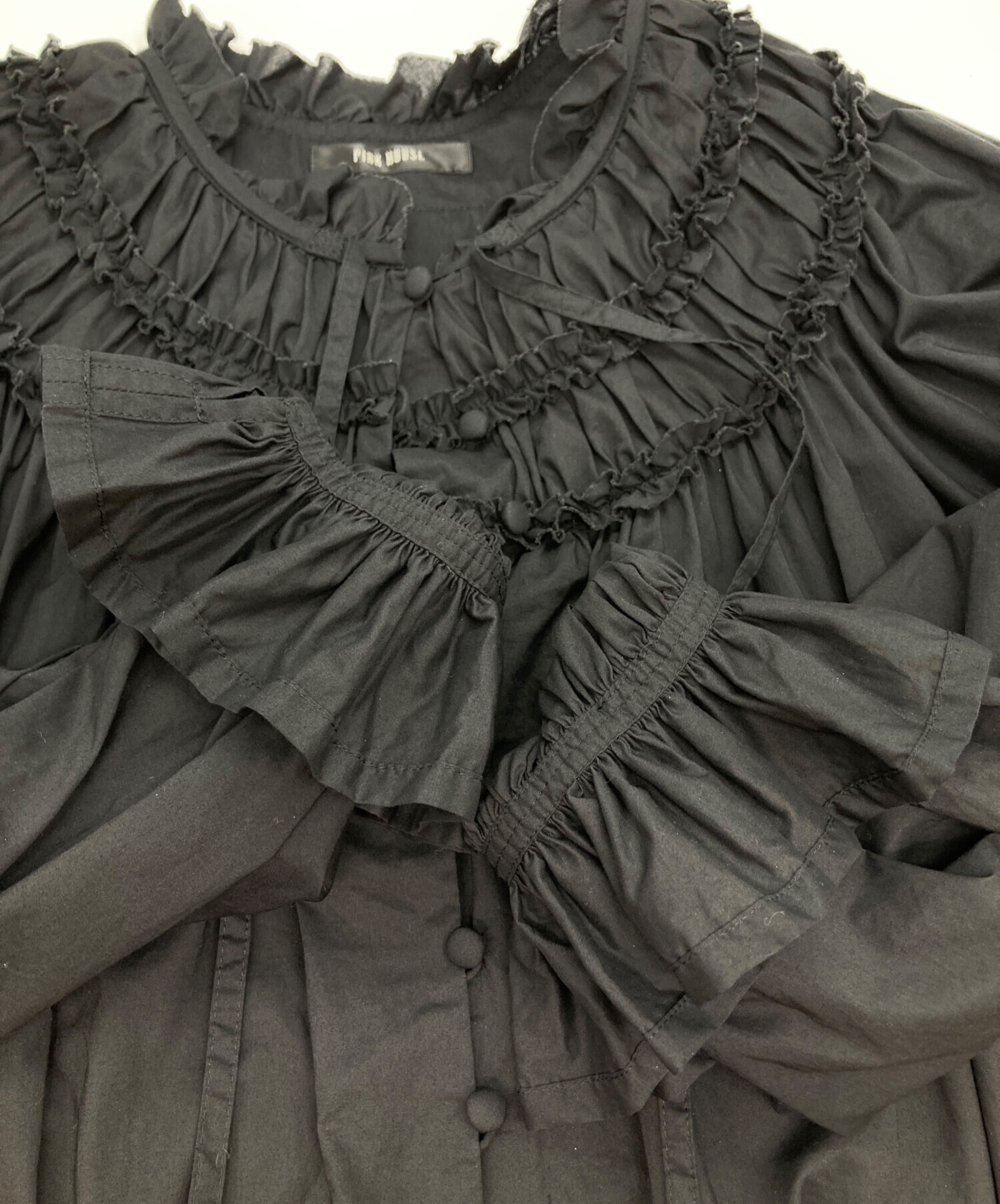 PINK HOUSE　フリル付きダークグレー長袖シャツワンピース 中古・古着通販】PINK HOUSE (ピンクハウス) ローンフリルシャツ