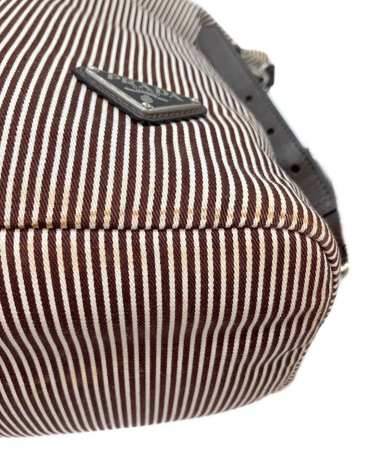 PRADA キャンバス ストライプ 2WAY ショルダーバッグ ブラウン 中古・古着通販】PRADA (プラダ) 2WAYストライプキャンバスバッグ