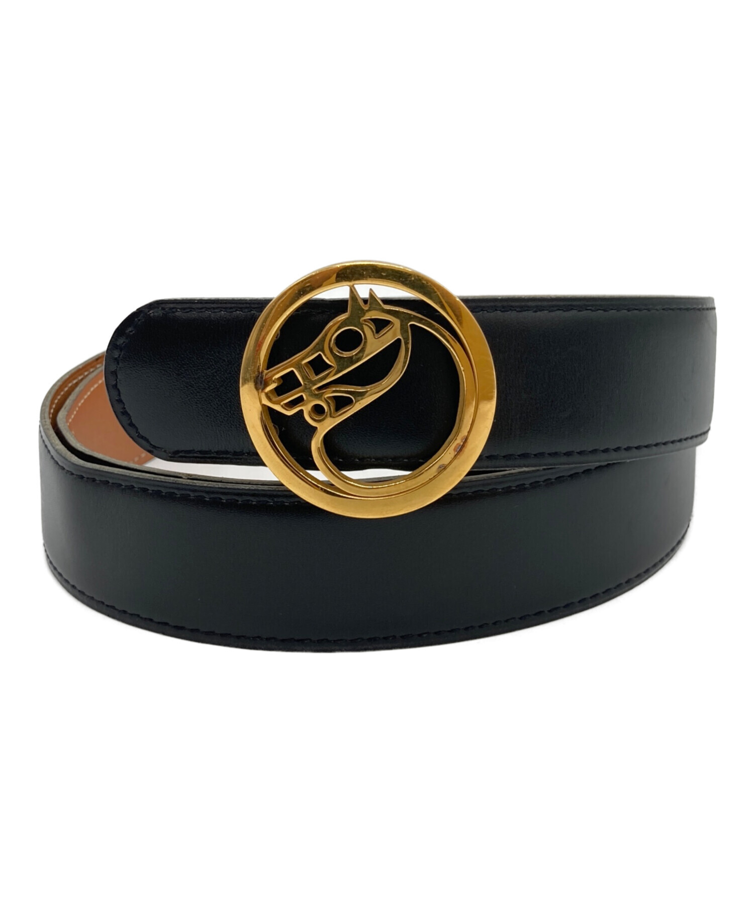 【特別SALE】HERMES ブラックレザーベルト アピ ゴールドバックル 中古・古着通販】HERMES (エルメス) シュバルバックルレザーベルト