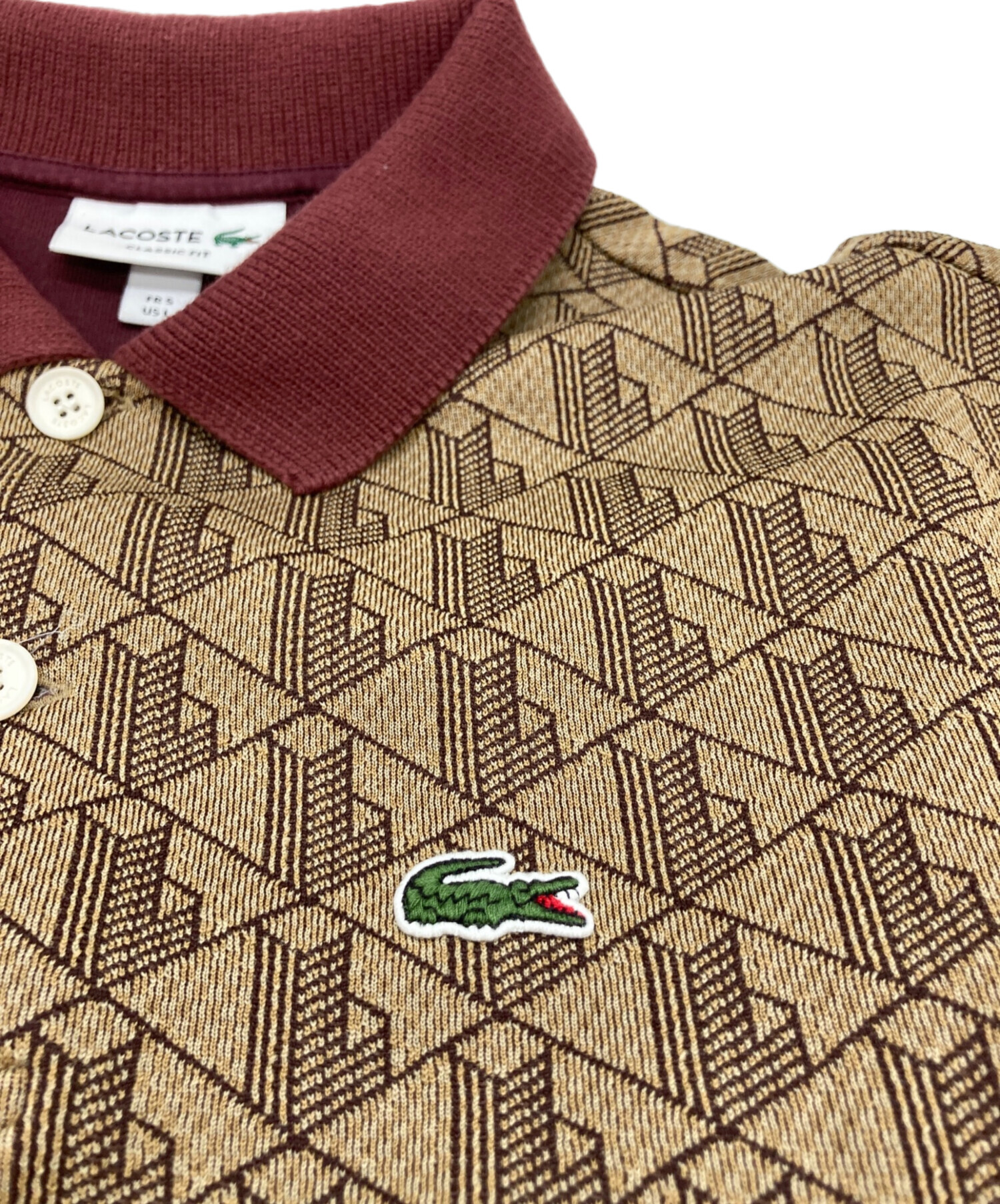 LACOSTE モノグラムジャカードポロシャツ （ベージュ） LACOSTE モノグラムジャカード半袖ポロシャツ （ベージュ) -靴