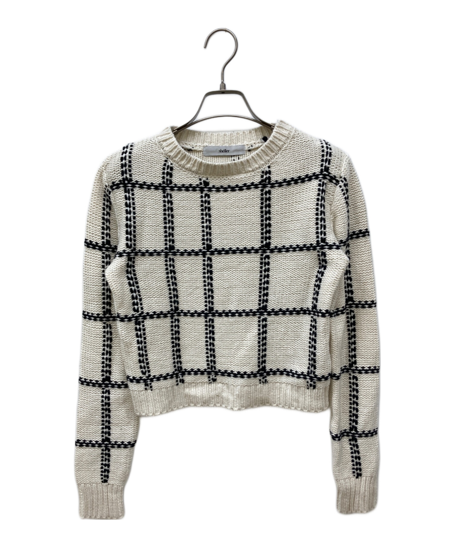 sheller シェリエ ステッチチェックウールニット ホワイト 中古・古着通販】sheller (シェリエ) ステッチチェックウールニット