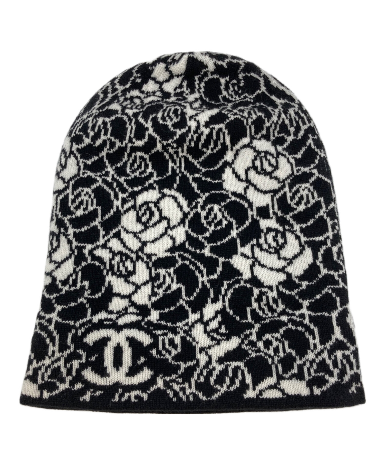 CHANEL チェック柄ニット帽　新品　未使用 中古・古着通販】CHANEL (シャネル) カメリア ニット帽 ブラック